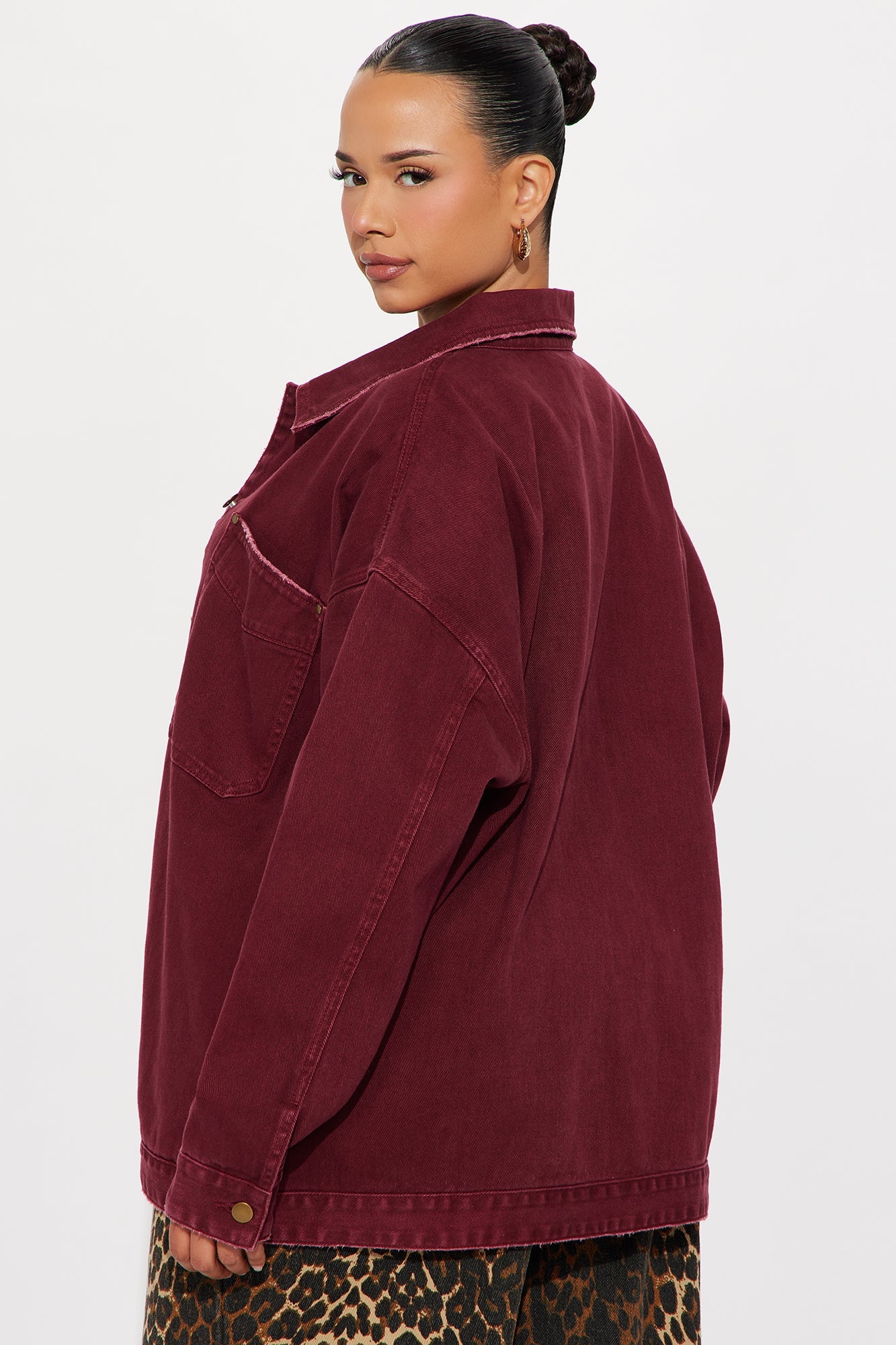 On The Move Denim Shacket - Burgundy