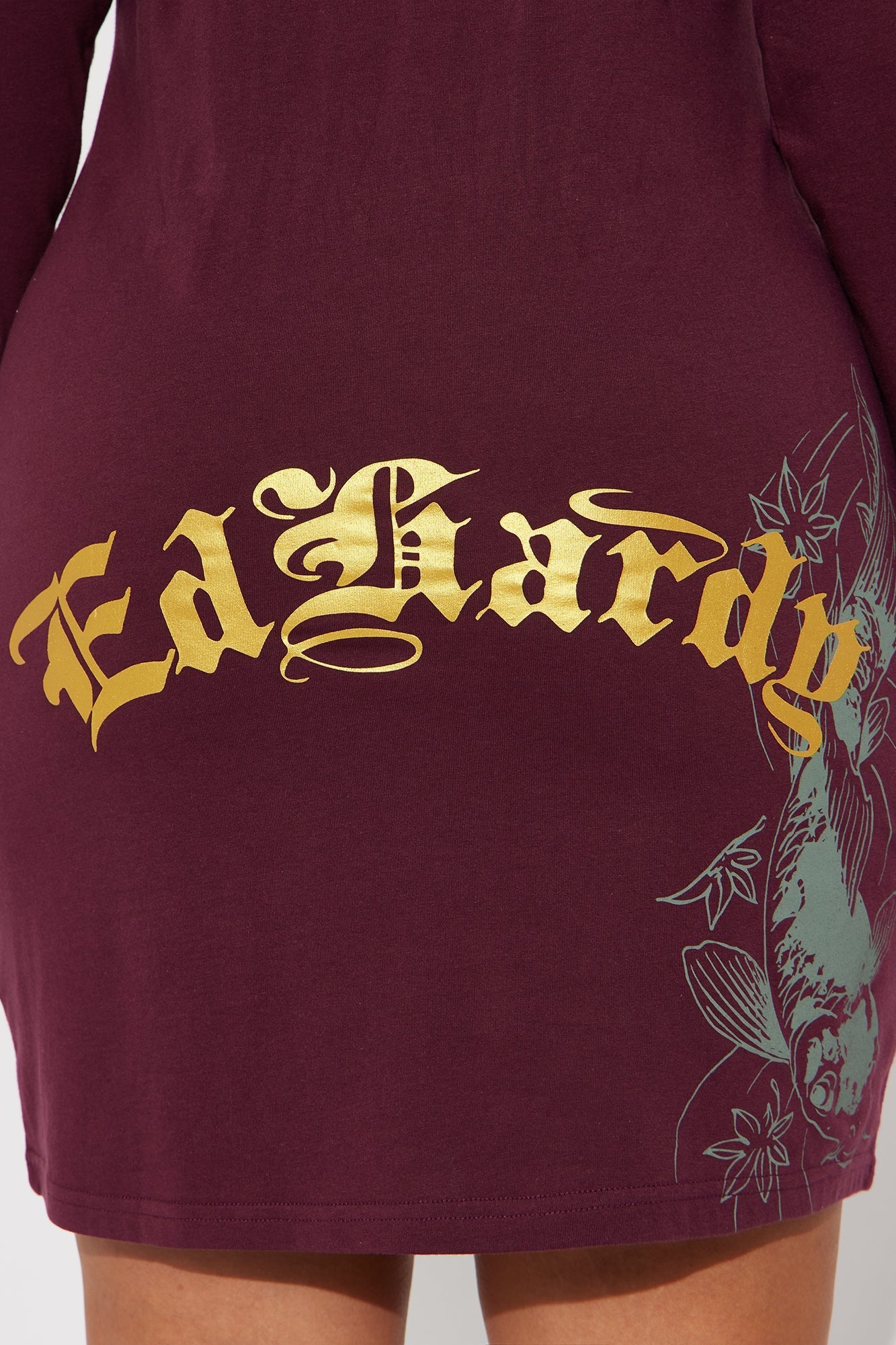 Ed Hardy Koi Long Sleeve Mini Dress - Burgundy