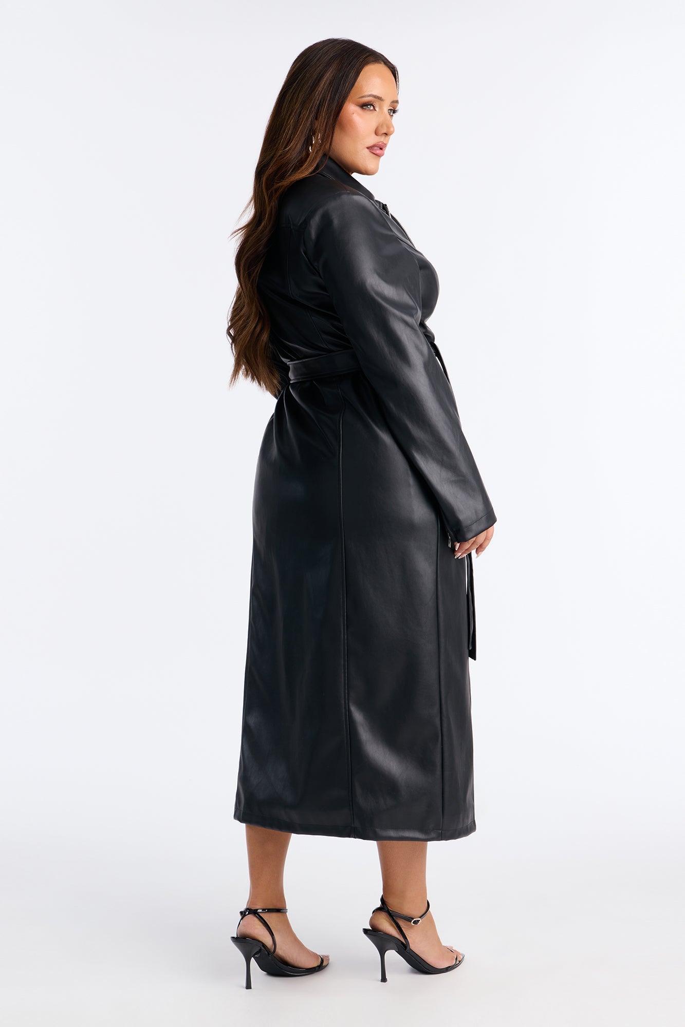Kennedy Belted Faux Leather Zip Up Coat - Black