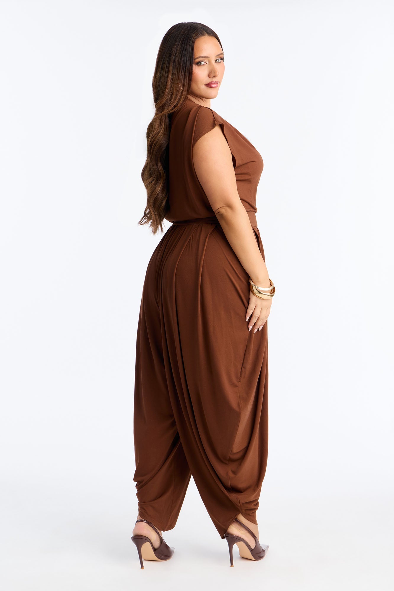 Belina Balloon Leg Off Shoulder Jumpsuit - Brown