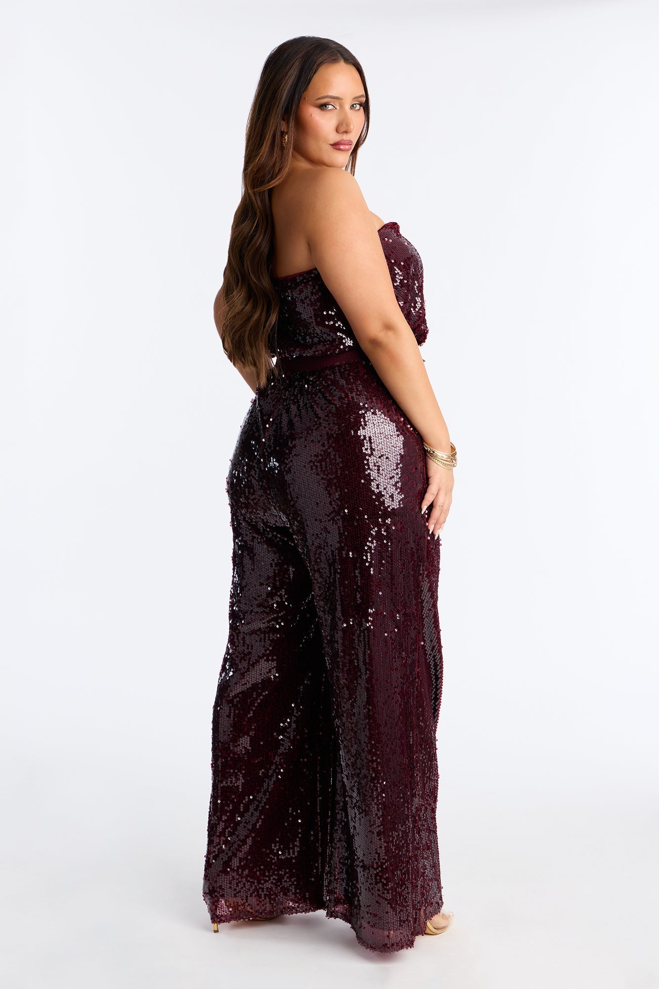 Shiny Nights Sequin Strapless Jumpsuit - Burgundy