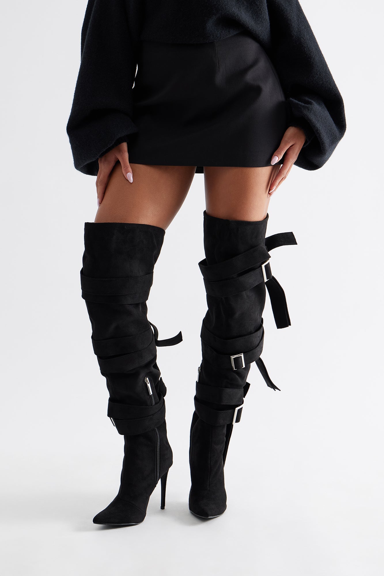 Bruin Buckle Thigh High Boots - Black