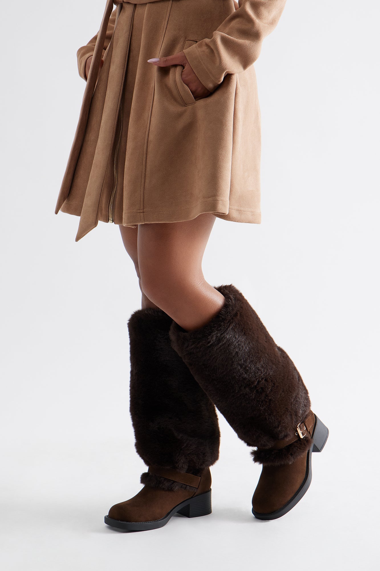 Indira Buckle Faux Fur Boots - Chocolate