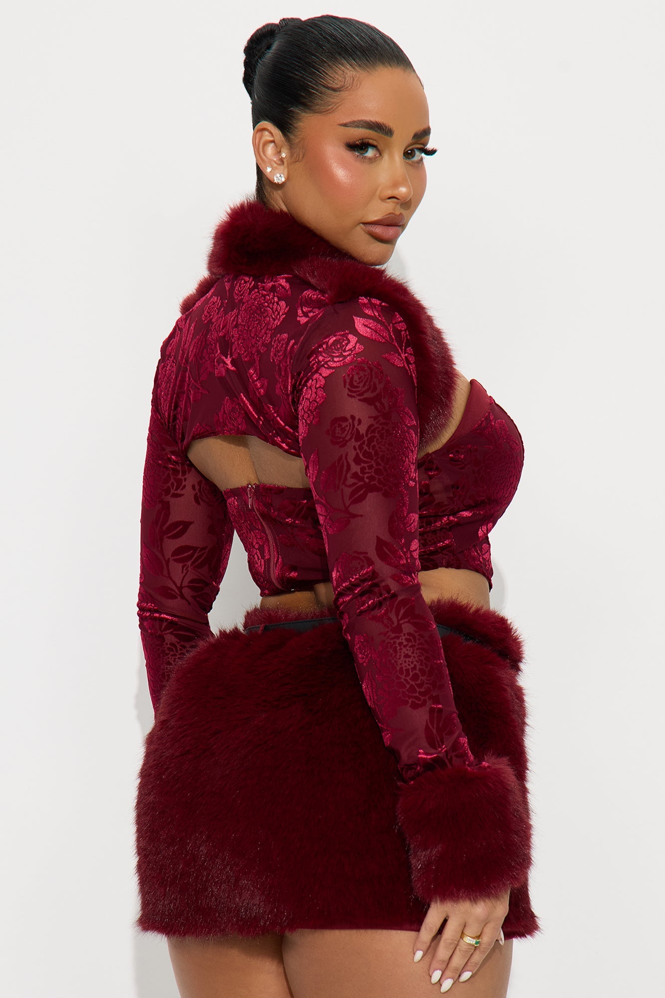Red Flag Energy Velvet Faux Fur 3 Piece Set - Burgundy
