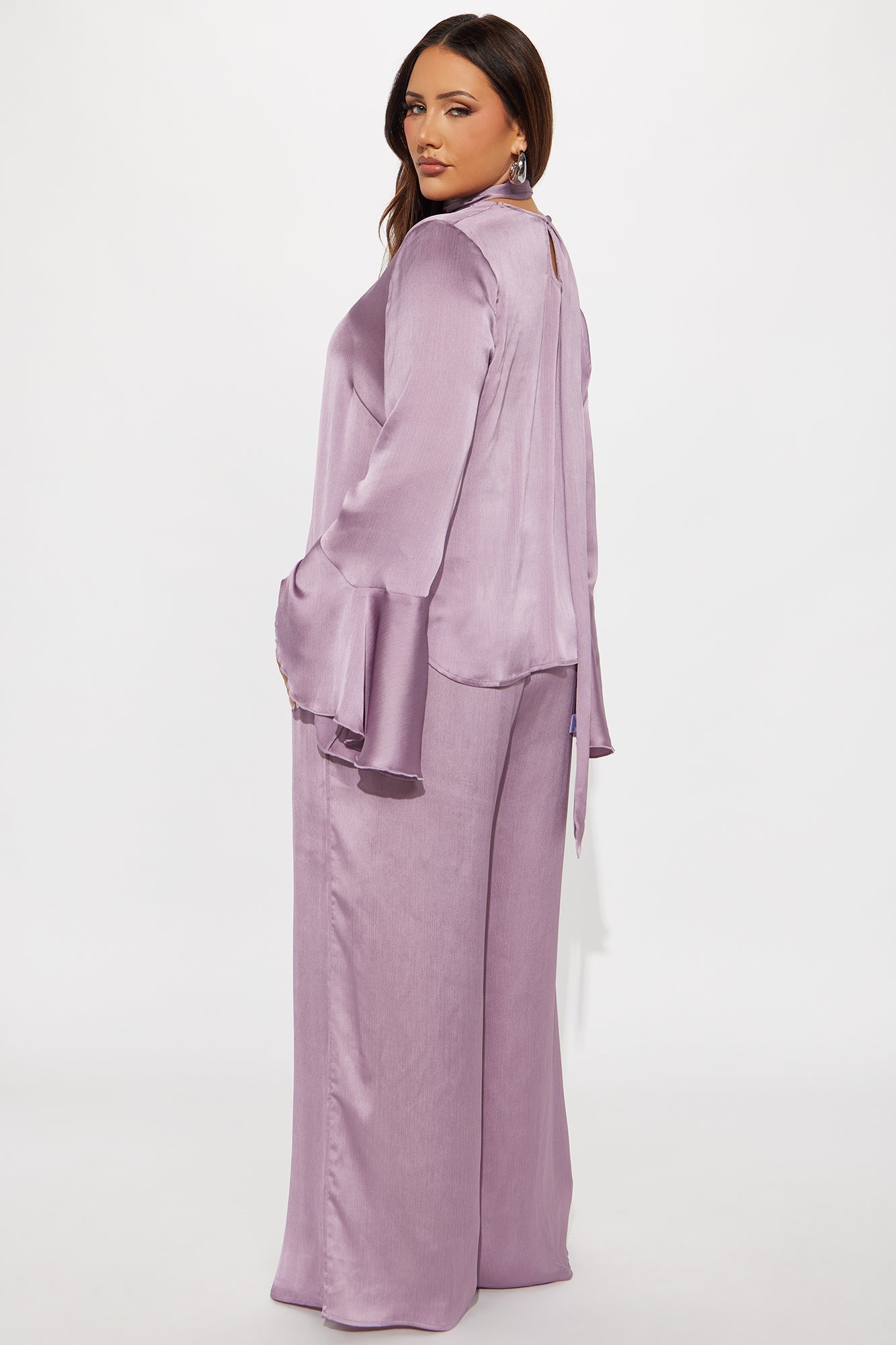 Lianna Long Sleeve Scarf Wide Leg Pant Set - Lavender