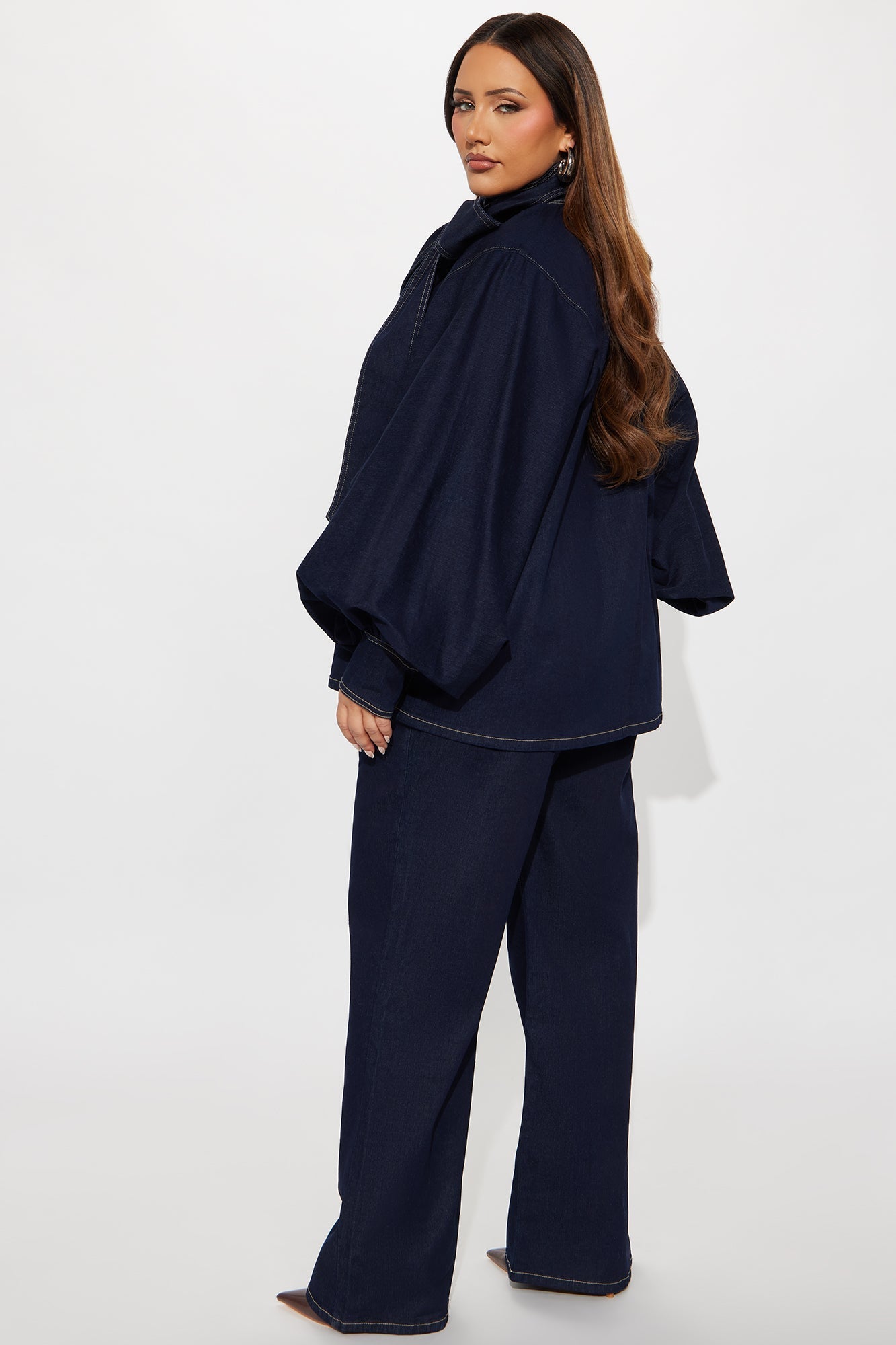 Fiona Tie Neck Denim Belted Pant Set - Dark Denim