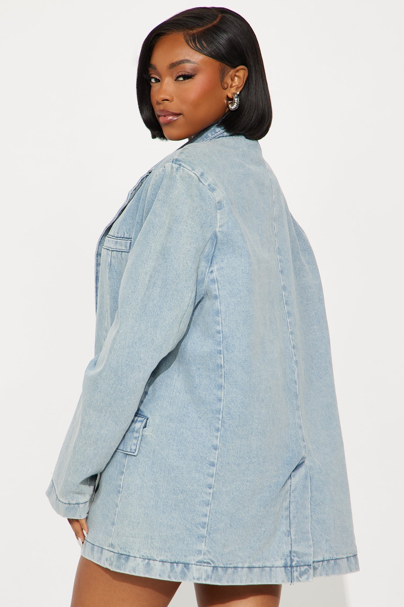 Fade Into You Washed Denim Blazer Skirt Set - Light Wash