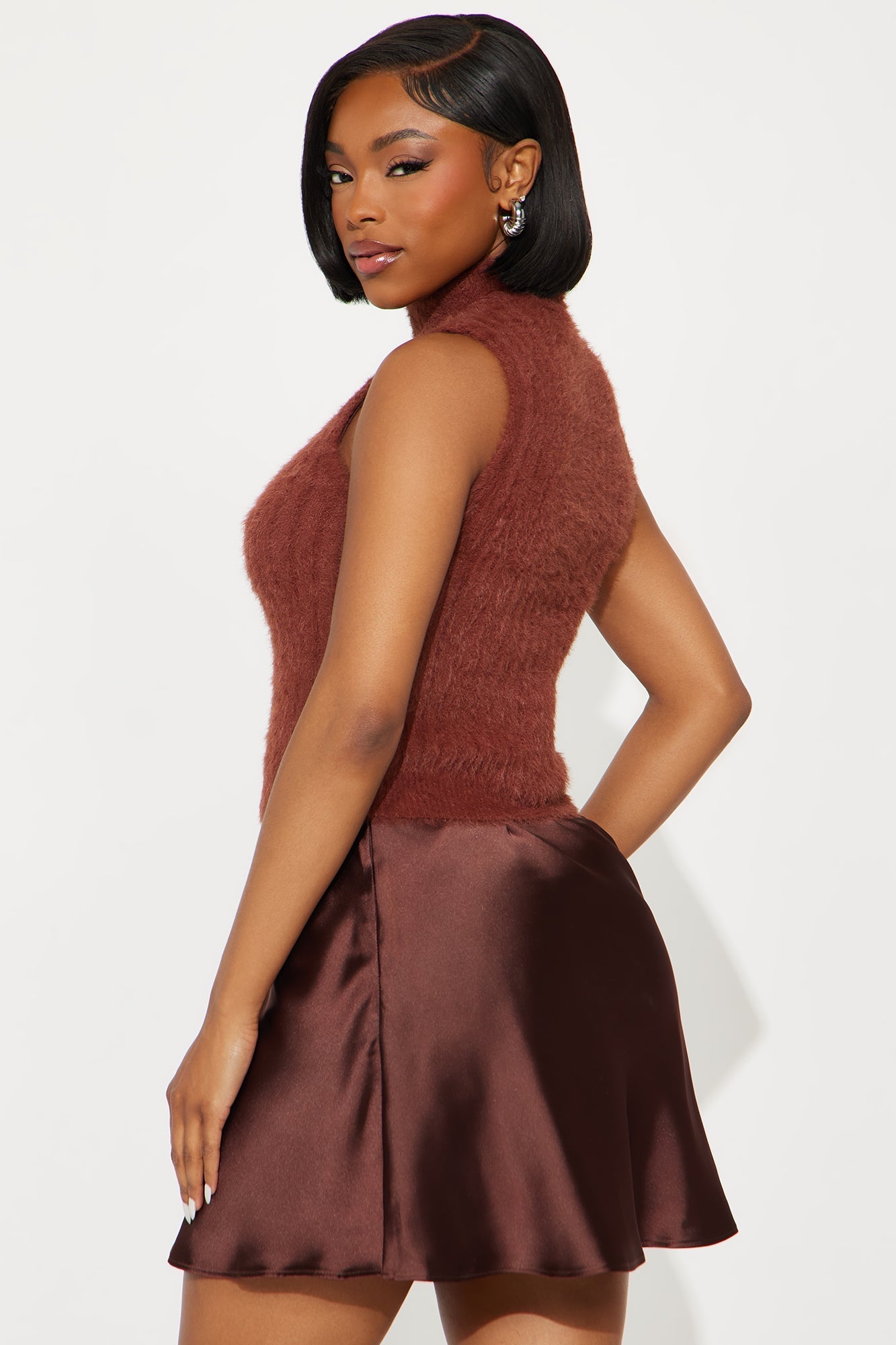 Seraphina Sweater Satin Mini Dress Set - Brown