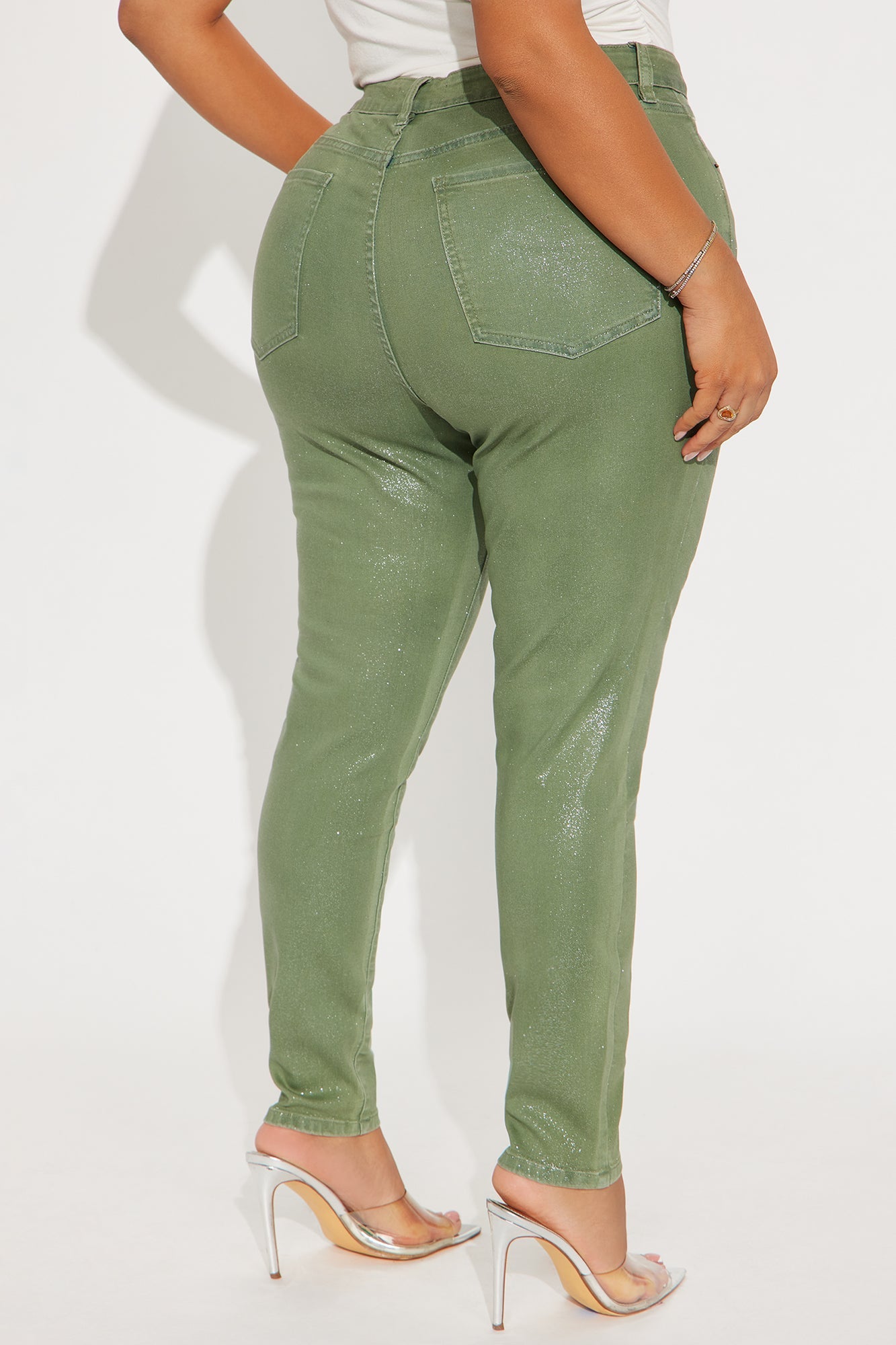Glorious Glitter Foil Skinny Jean - Olive