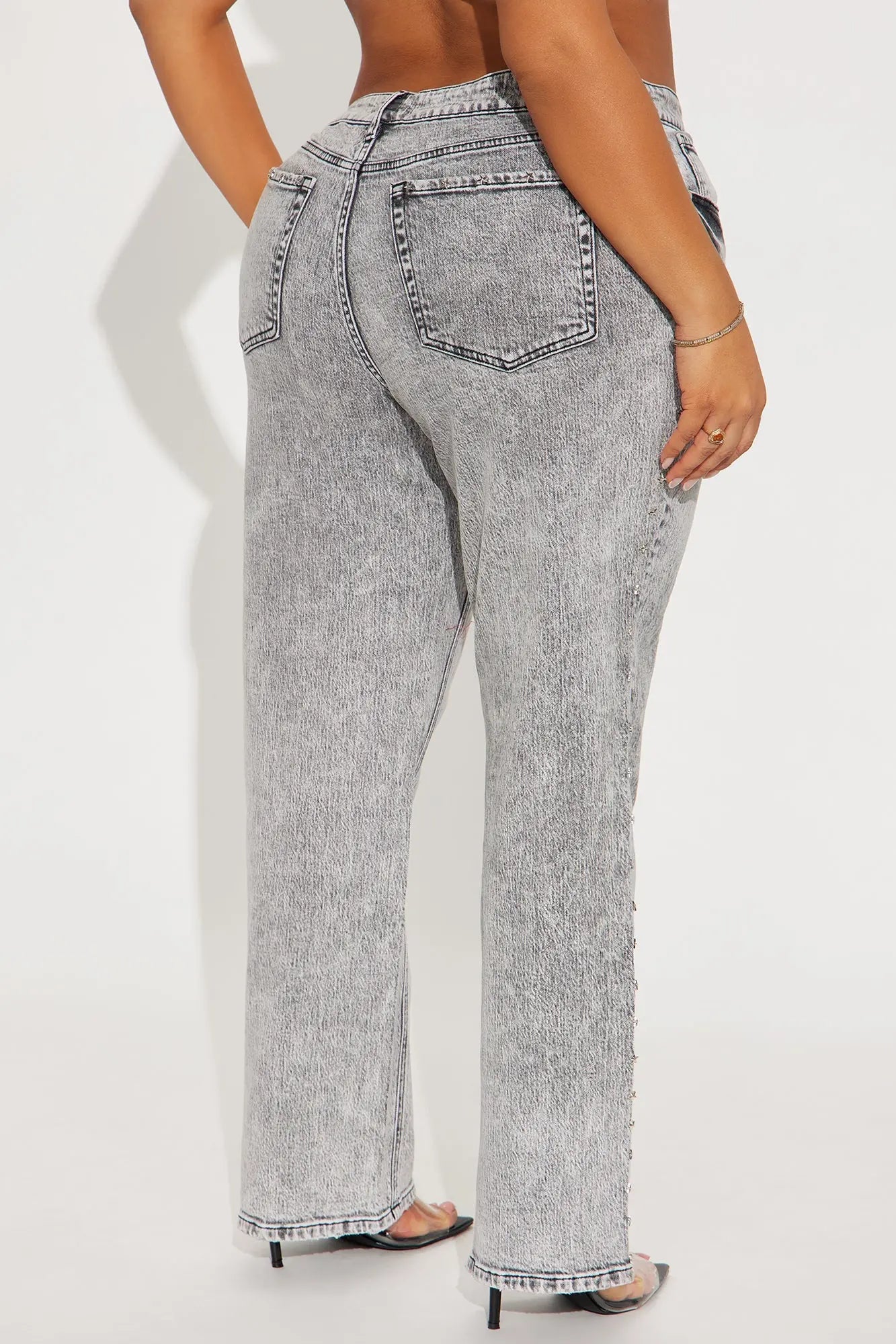 Shining Star Embellished Straight Leg Jeans - Grey
