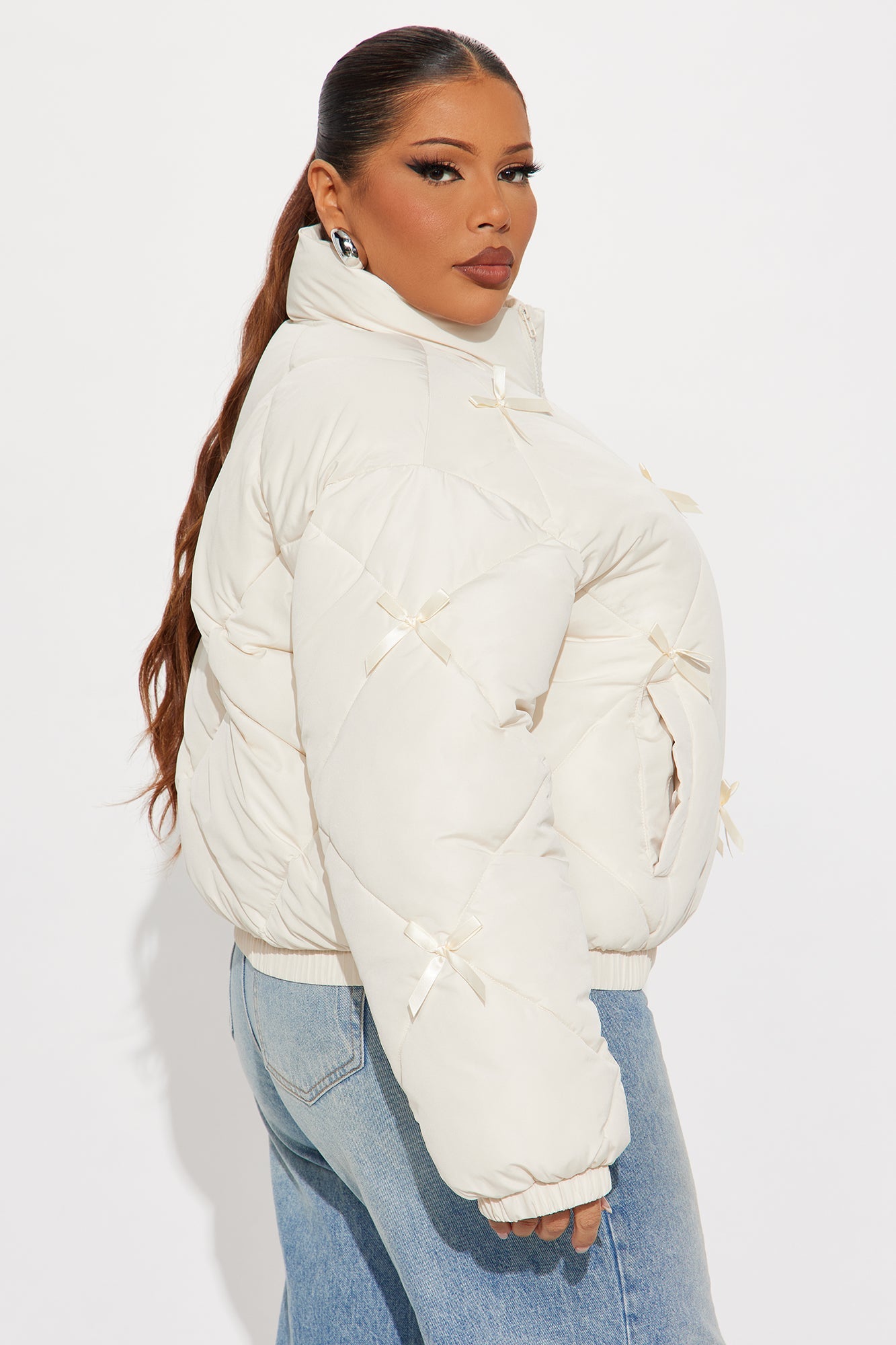 Cuteness Overload Bow Nylon Puffer Jacket - Cream
