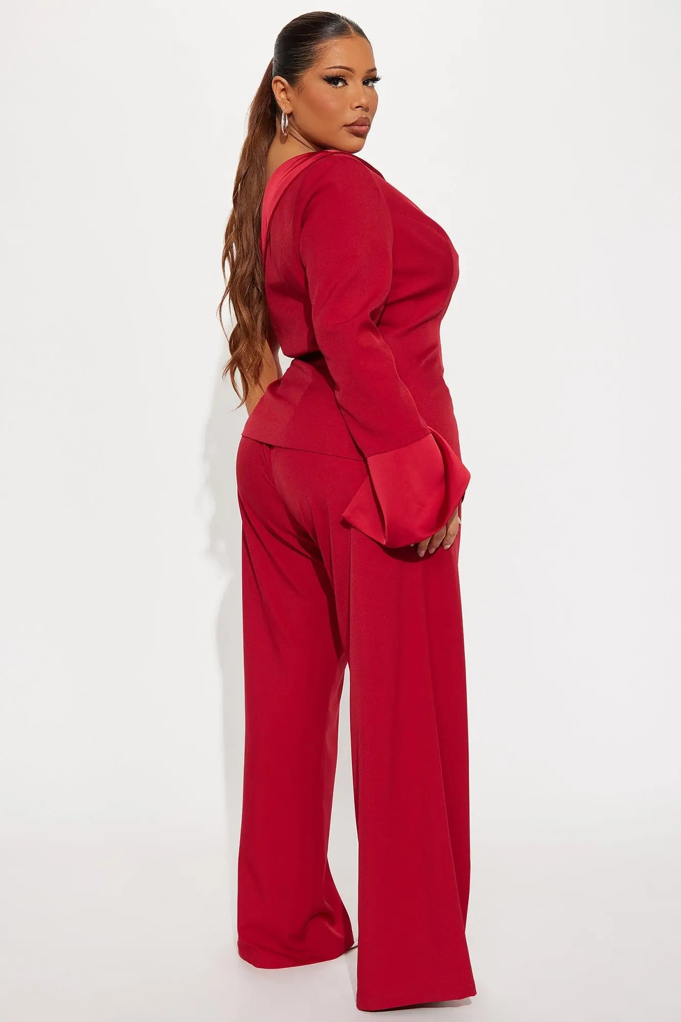 Adeline One Shoulder Satin Contrast Wide Leg Pant Set - Red