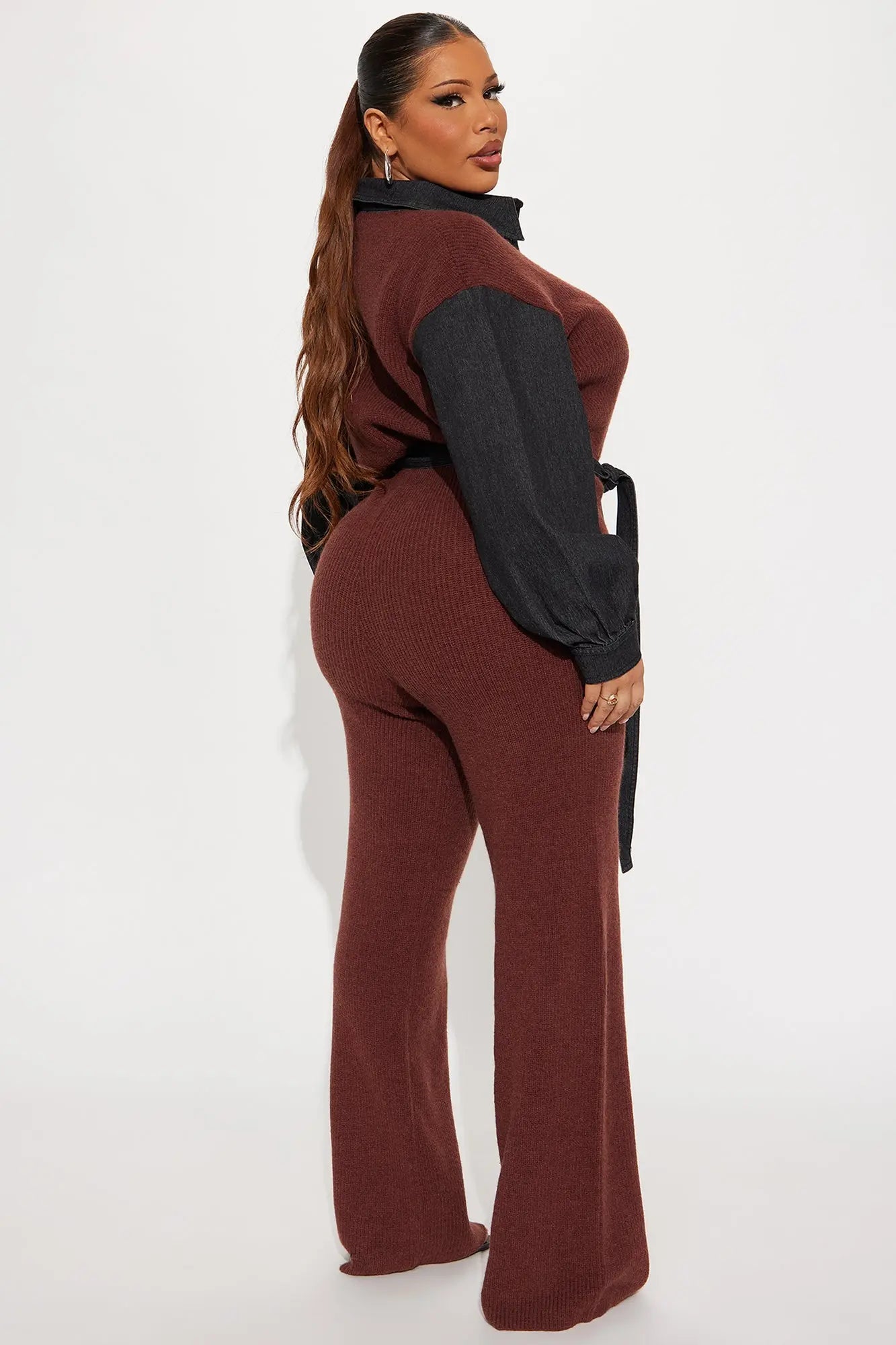 Maria Contrast Trim Collar Sweater Jumpsuit - Brown