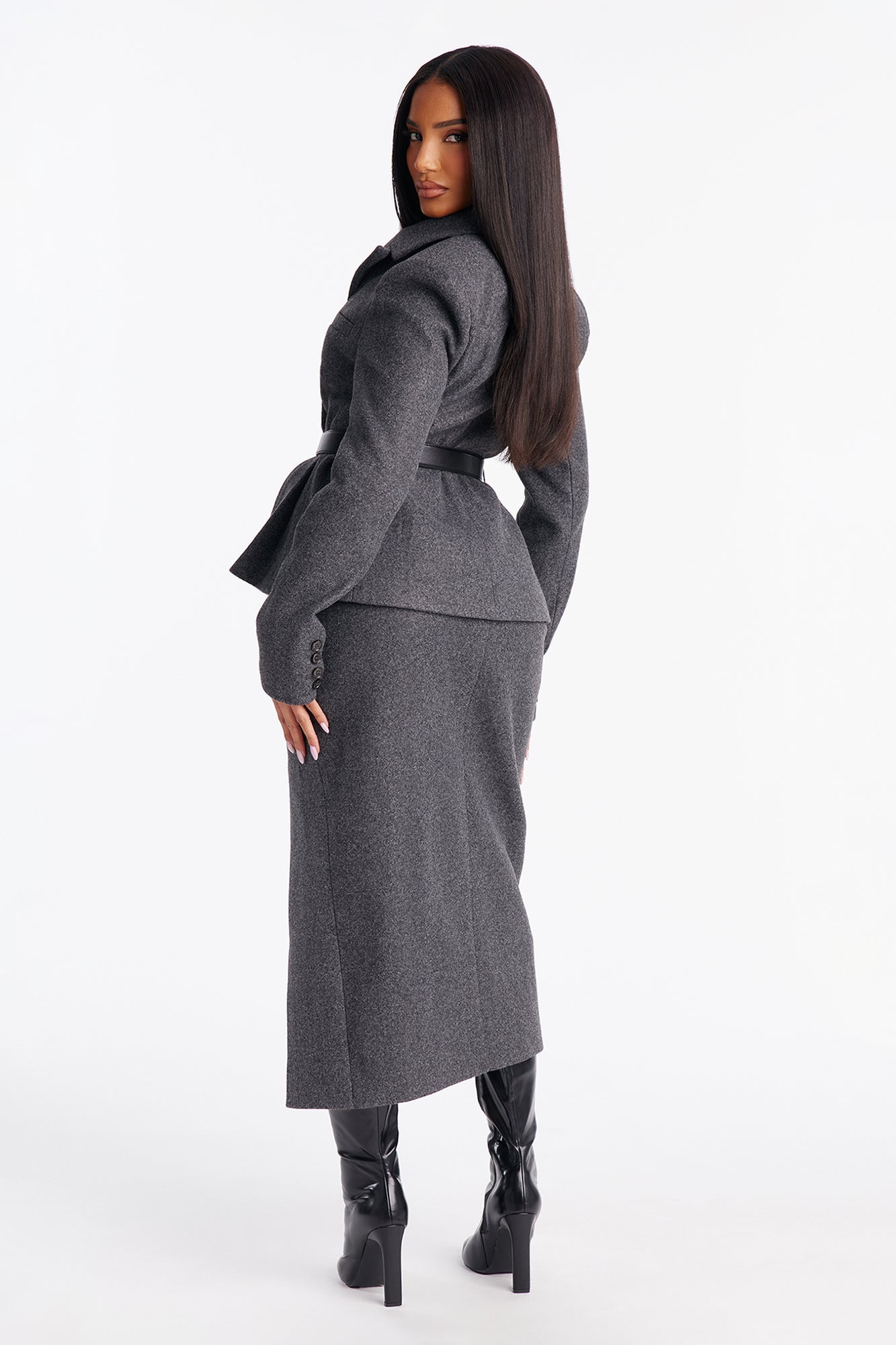 Executive Class Belted Blazer Skirt Set - Grey