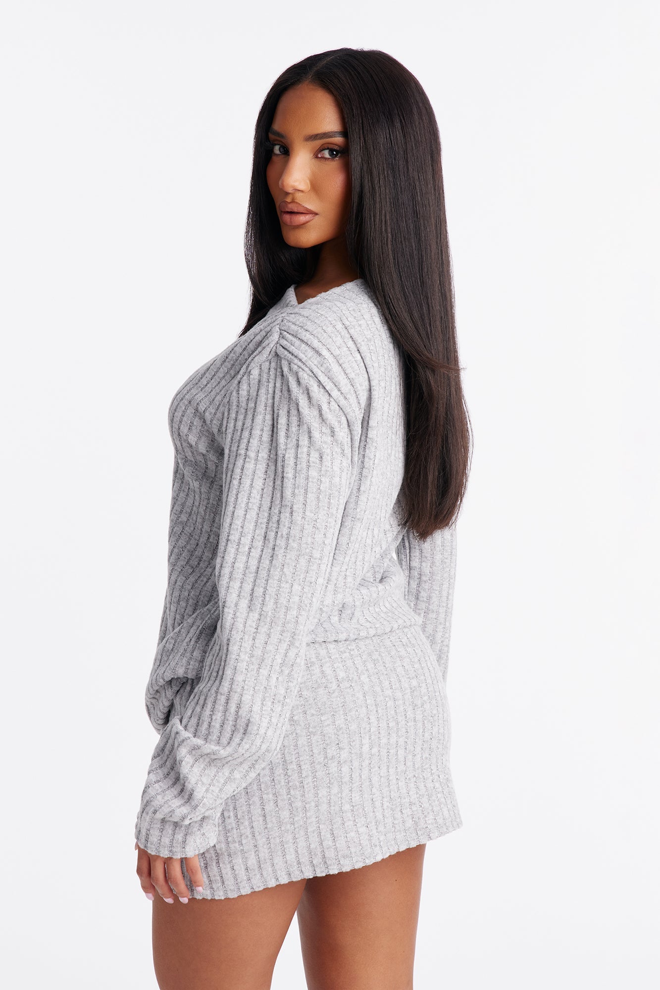 Claire Off Shoulder Sweater Mini Skirt Set - Grey