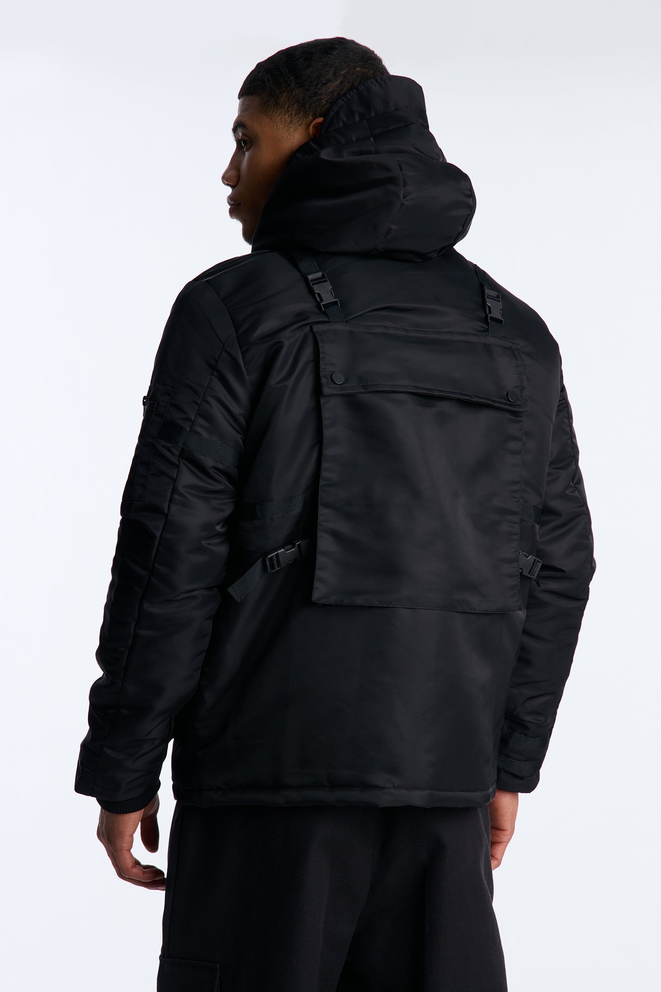 Hooded Chaos Utility Bomber Jacket - Black