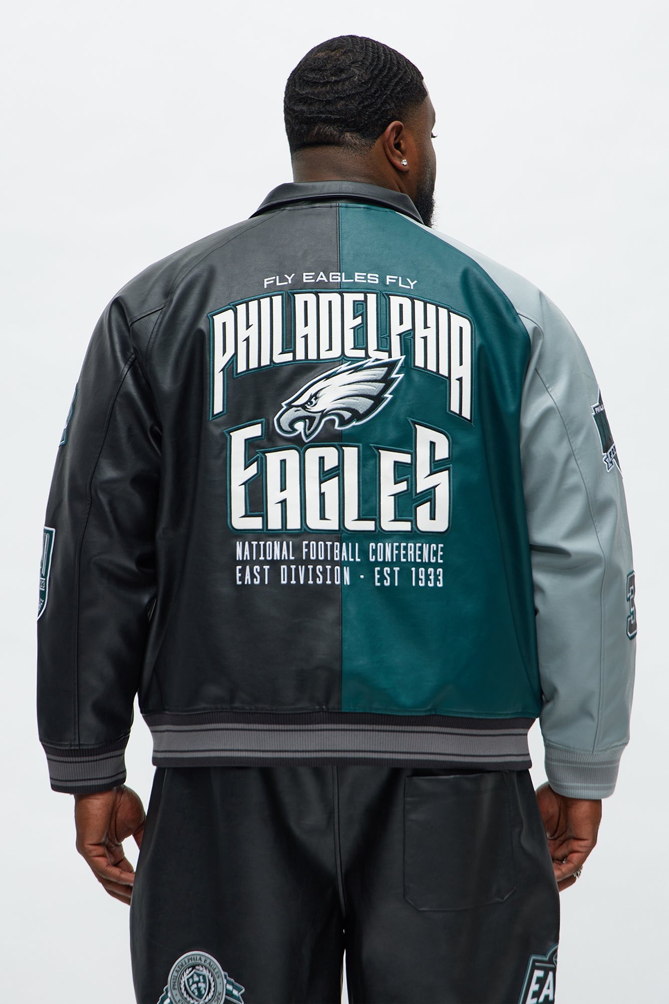 Eagles Marquee Star Faux Patent Leather Long Sleeve Varsity Jacket - Green