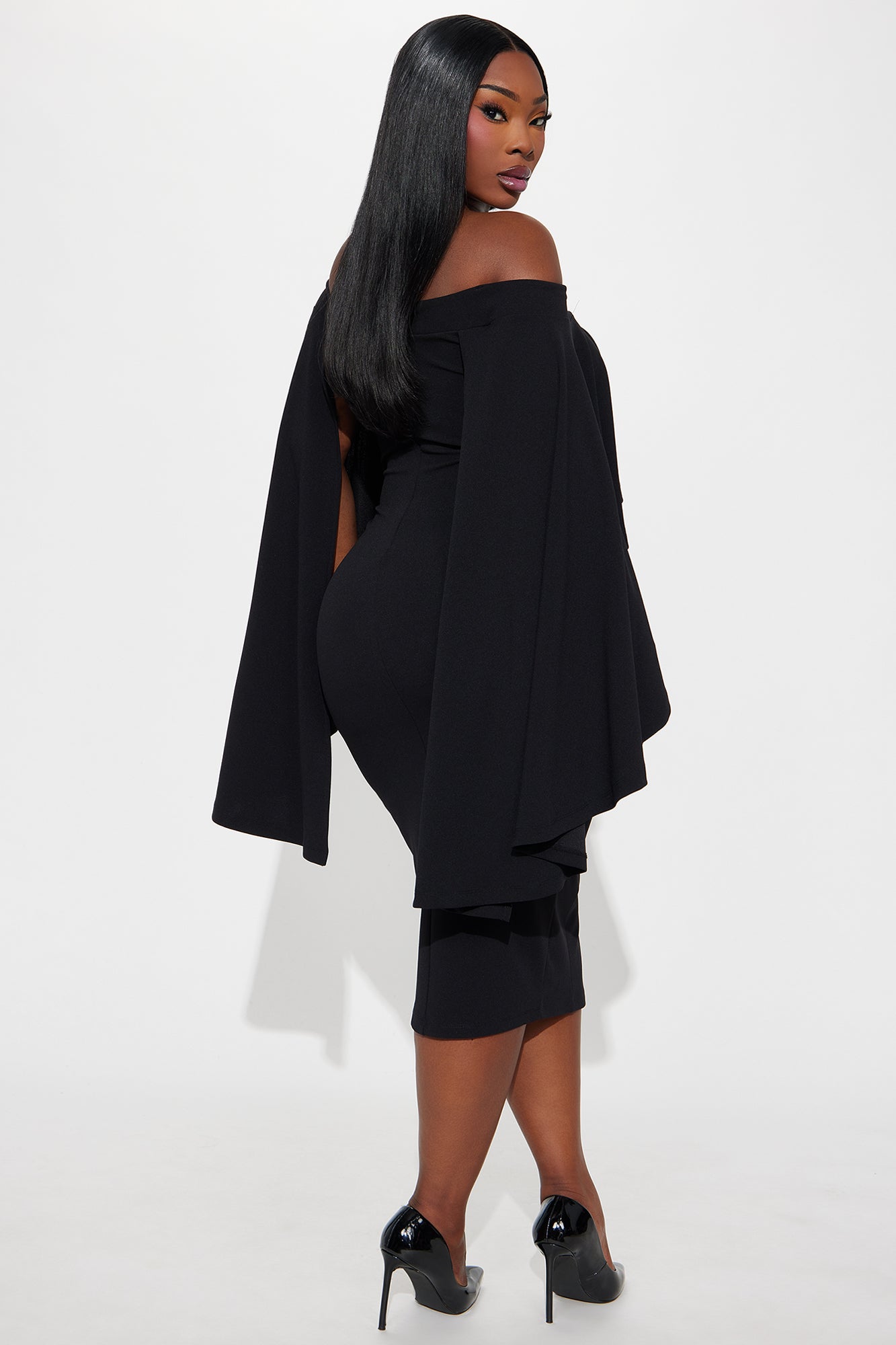 Madalyn Cape Crepe Knit Rhinestone Midi Dress - Black