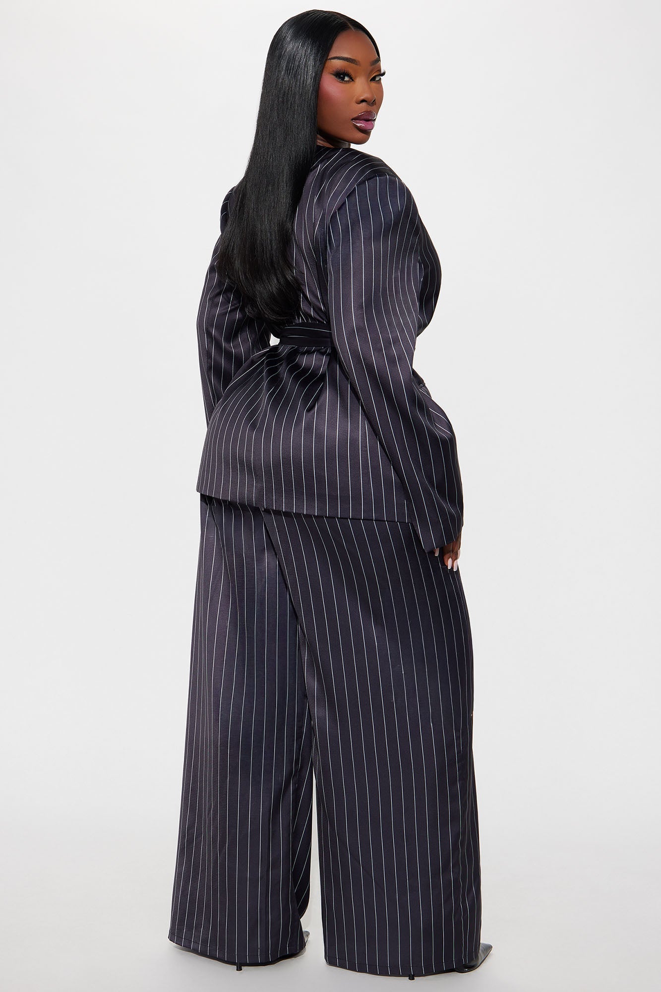 To Be Precise Pinstripe Satin Belted Blazer Pant Set - Black