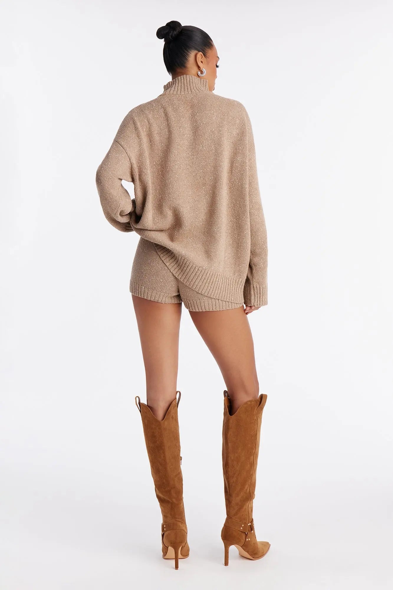 Kristen Sweater Turtle Neck Short Set - Taupe