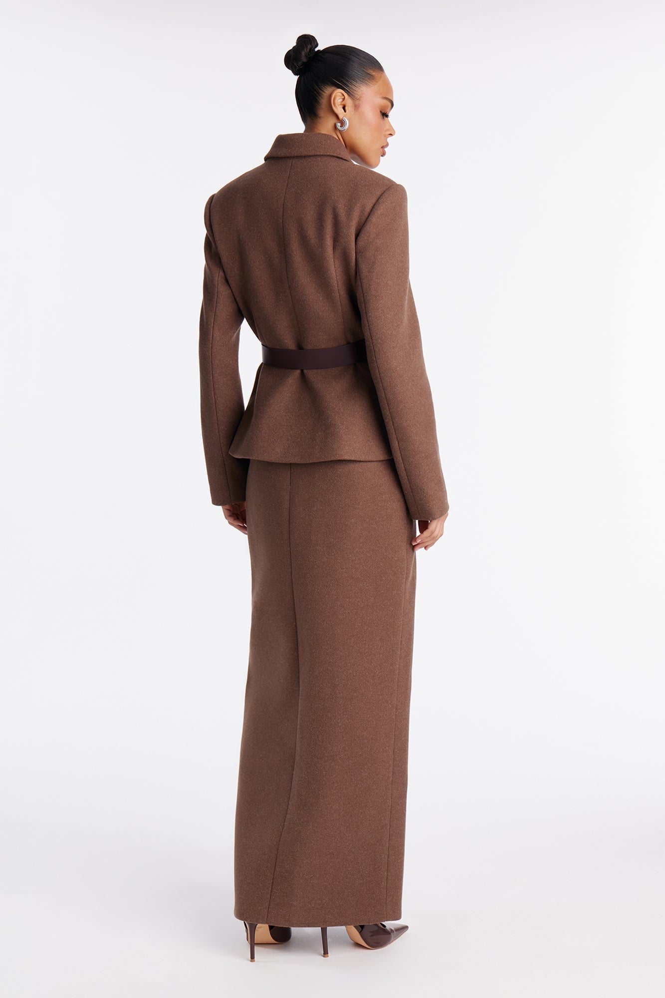 Chic In Charge Belted Blazer Maxi Skirt Set - Brown