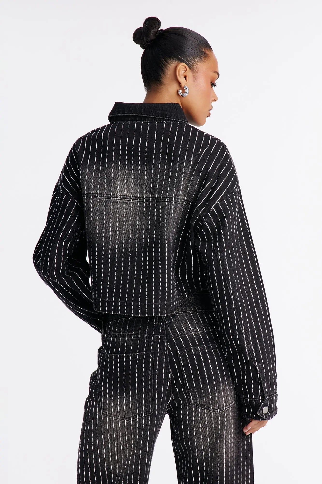 Keep The Bling Embellished Denim Shacket - Black Wash