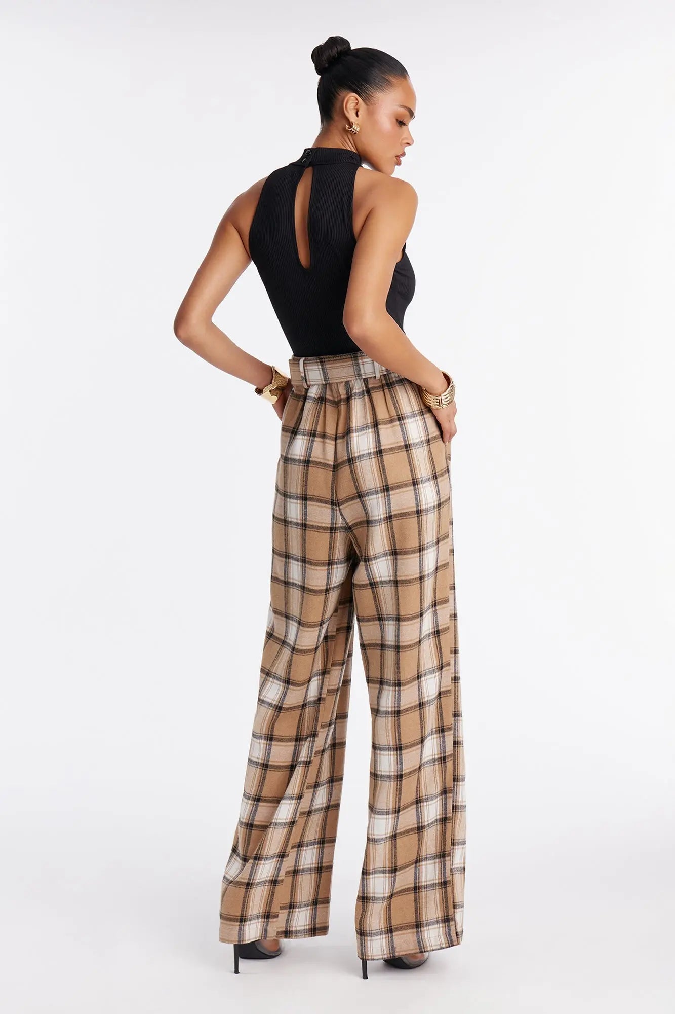 Allison Belted Plaid Jumpsuit - Black/combo