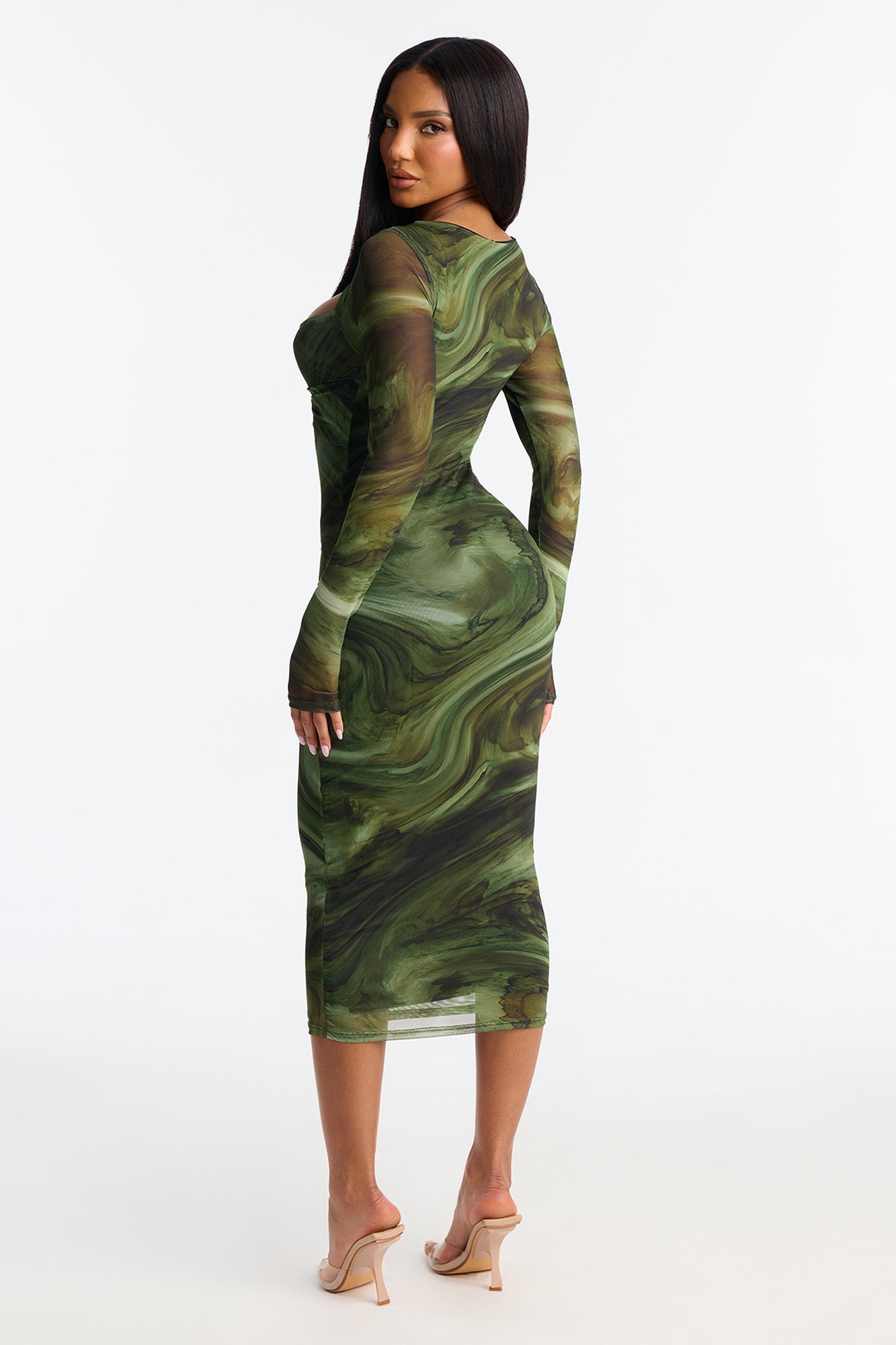 Harlow Long Sleeve Mesh Midi Dress - Olive