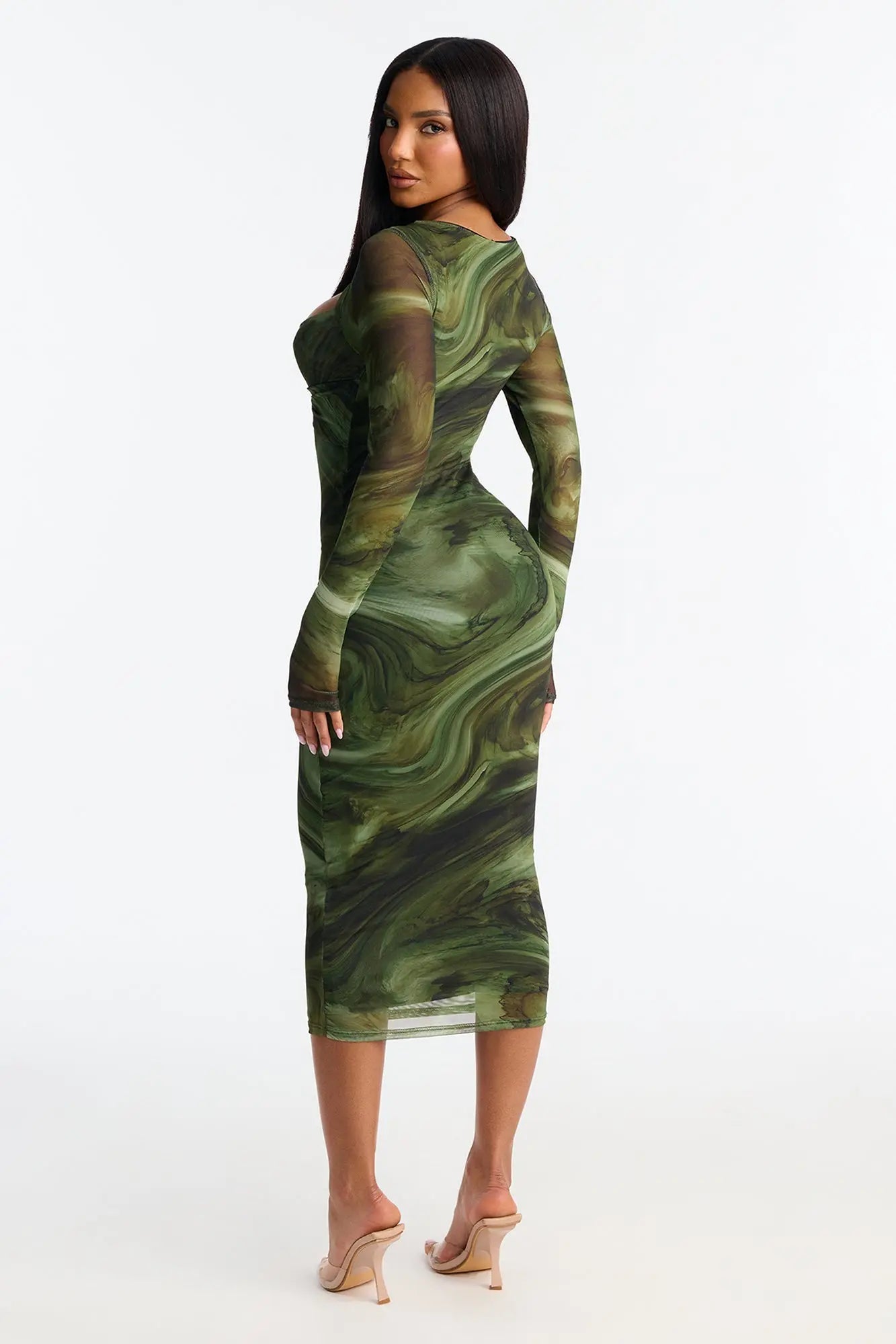 Harlow Long Sleeve Mesh Midi Dress - Olive