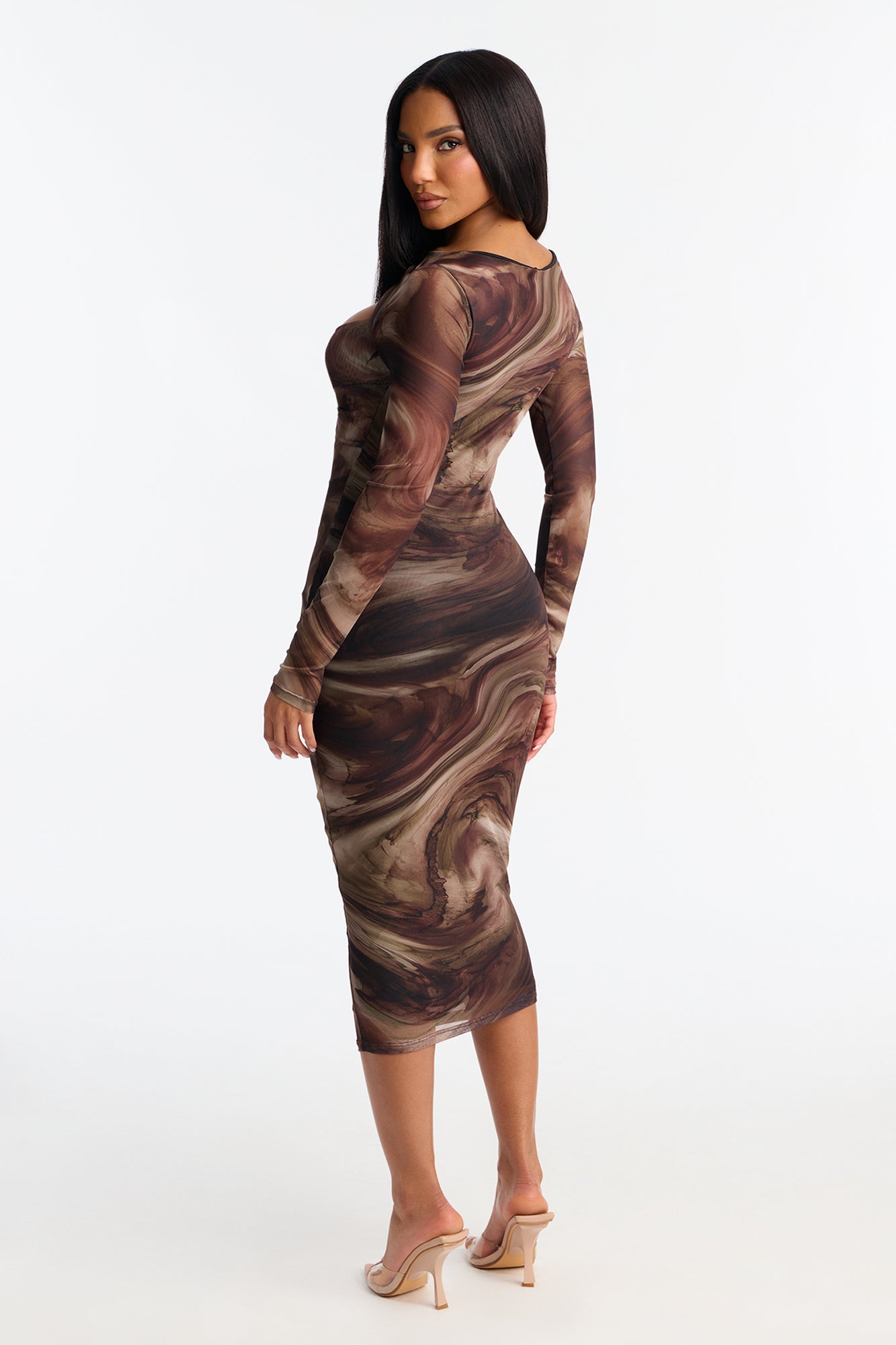 Harlow Long Sleeve Mesh Midi Dress - Brown