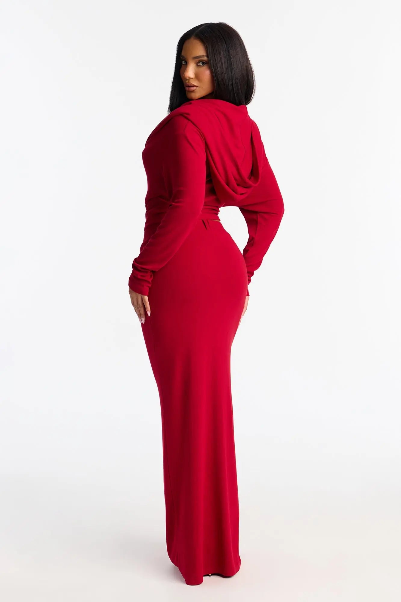 Flow With It Hooded Maxi Skirt Set - Red