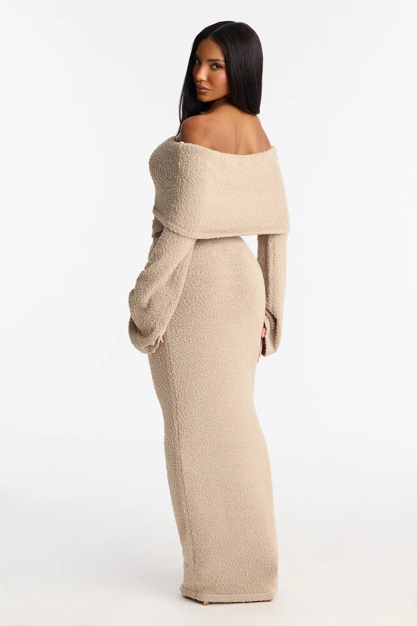 Double Date Off Shoulder Sweater Maxi Skirt Set - Taupe