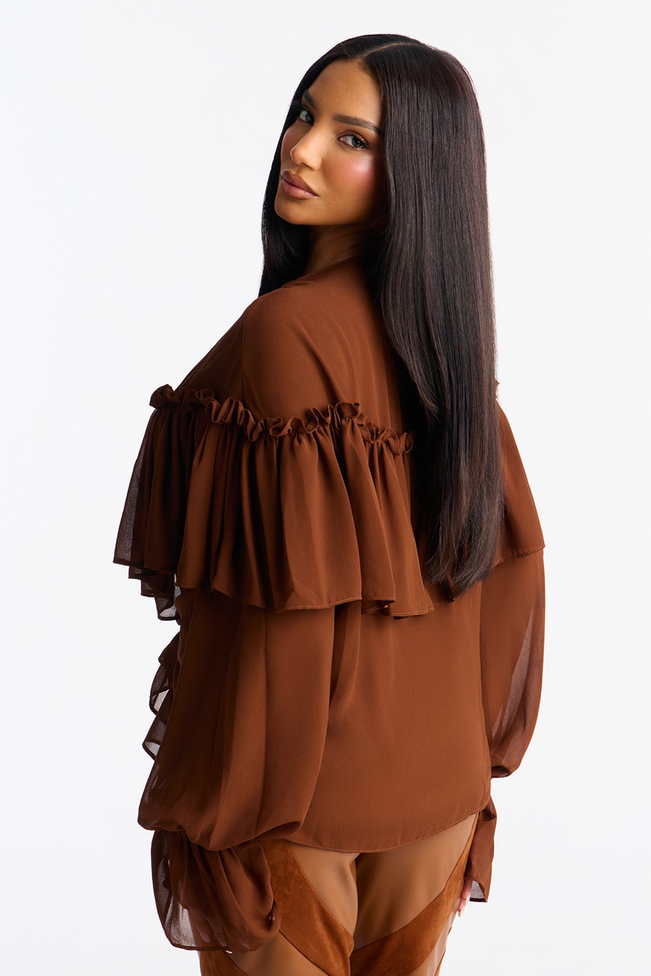 Golden Aura Sheer Ruffle Chiffon Top - Brown