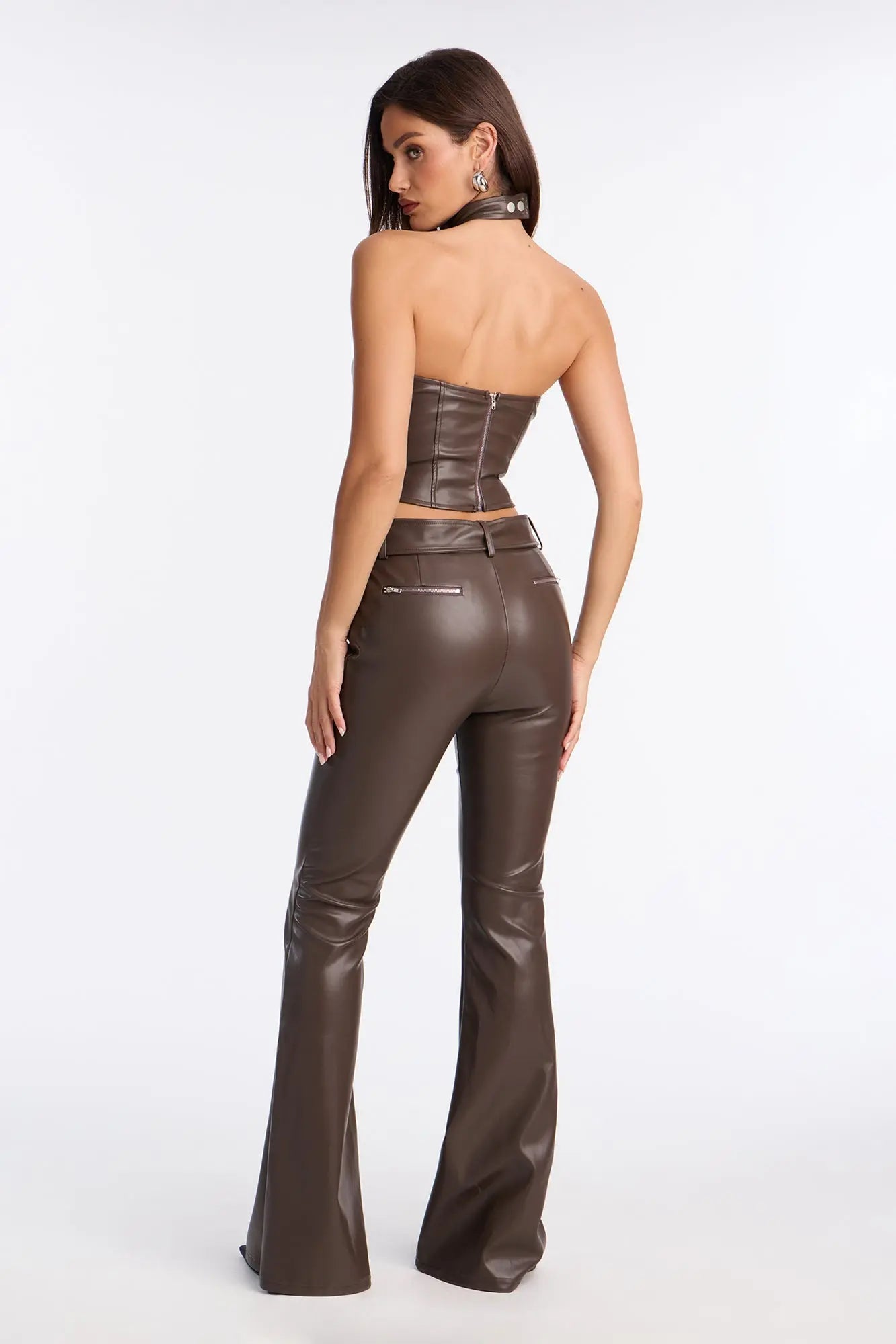 Body Language Faux Leather Pant Set - Chocolate