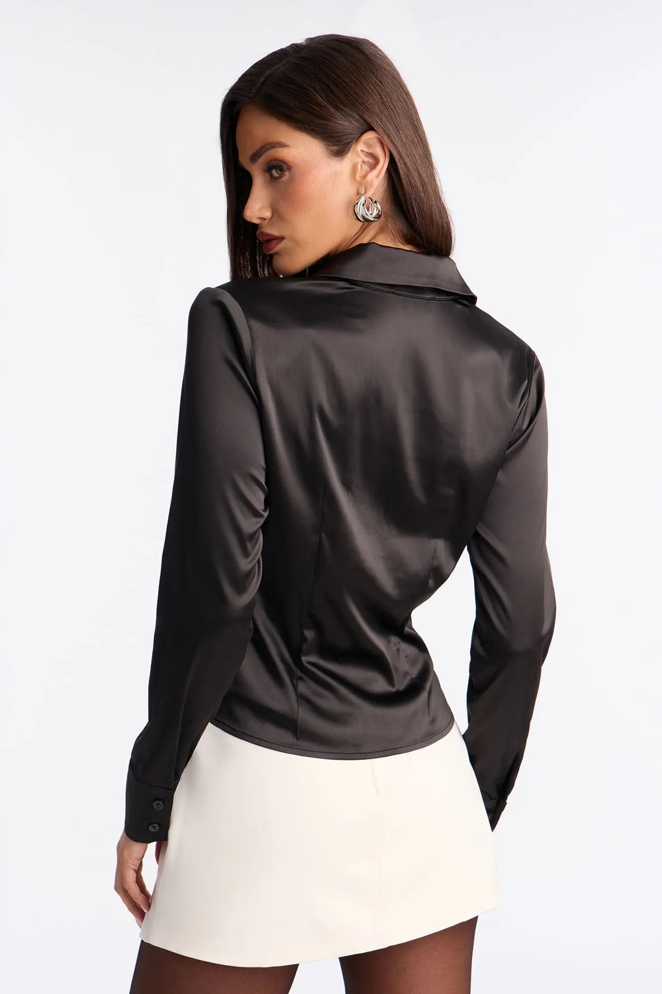 Feeling Smitten Cinched Waist Satin Shirt - Black