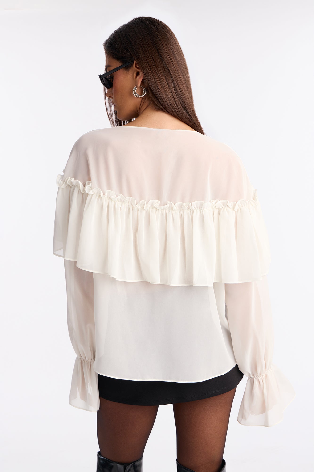 Golden Aura Sheer Ruffle Chiffon Top - Ivory