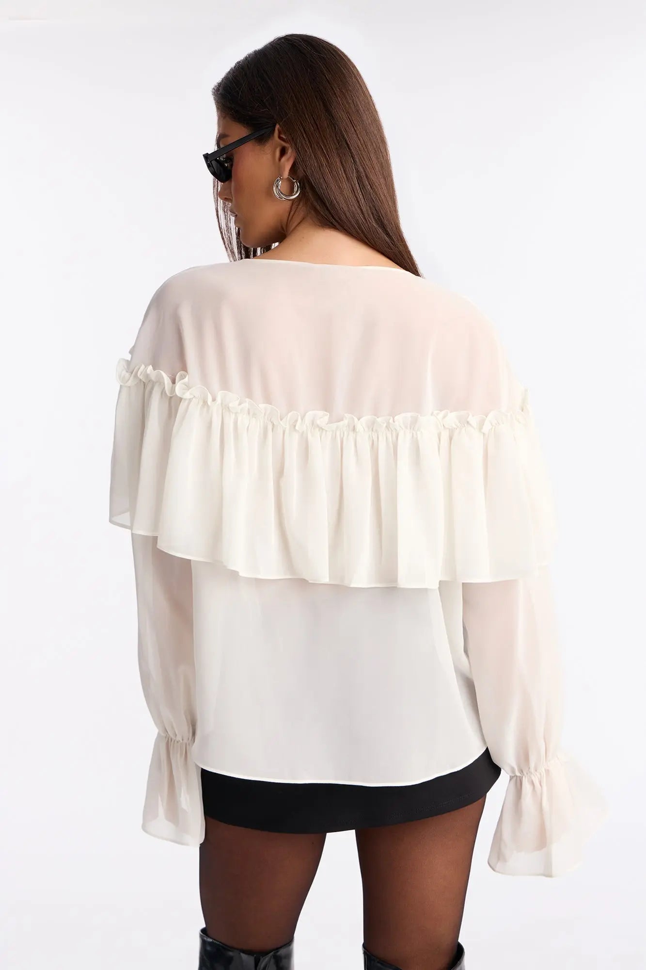 Golden Aura Sheer Ruffle Chiffon Top - Ivory
