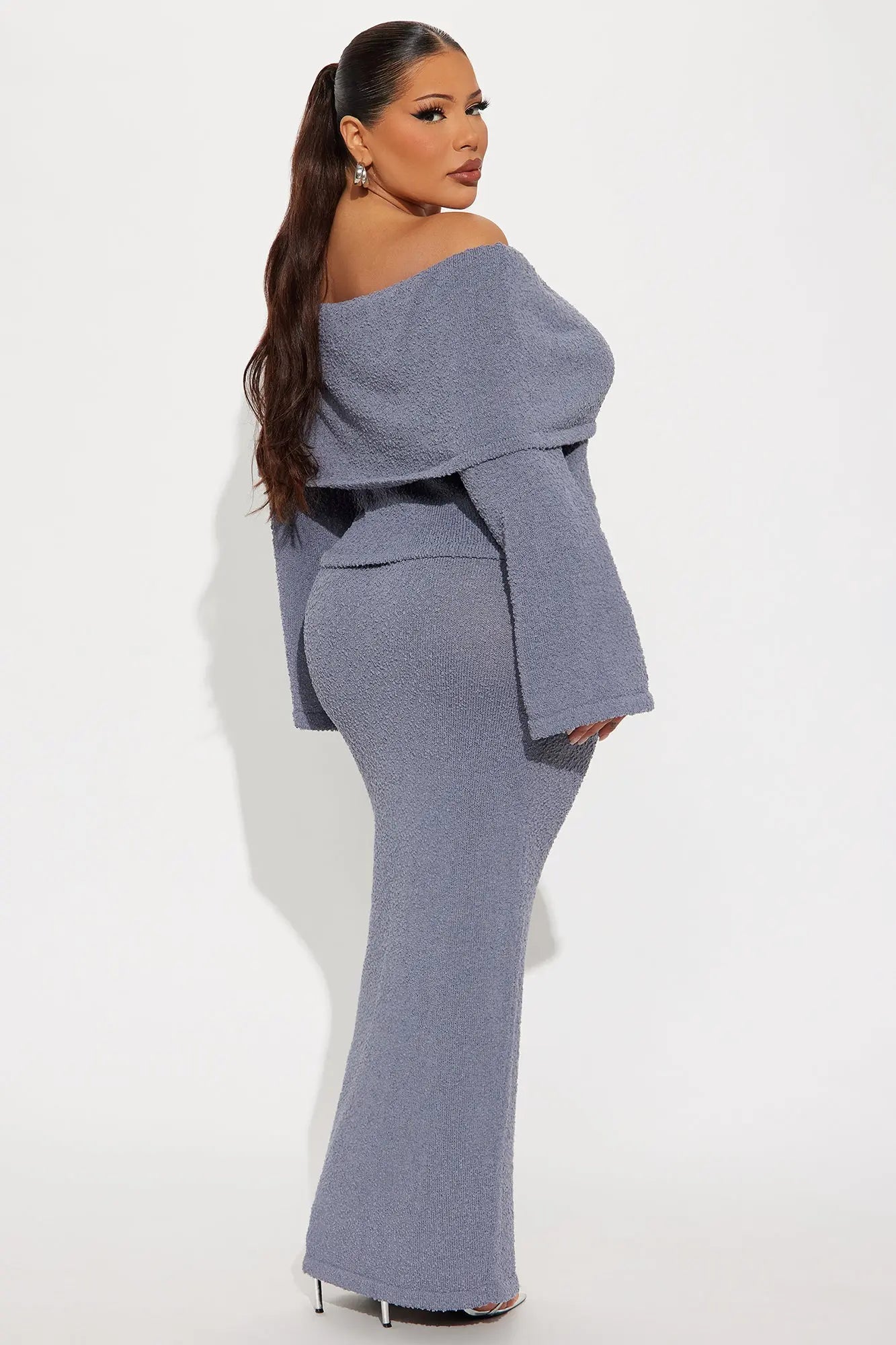Double Date Off Shoulder Sweater Maxi Skirt Set - Dark Grey