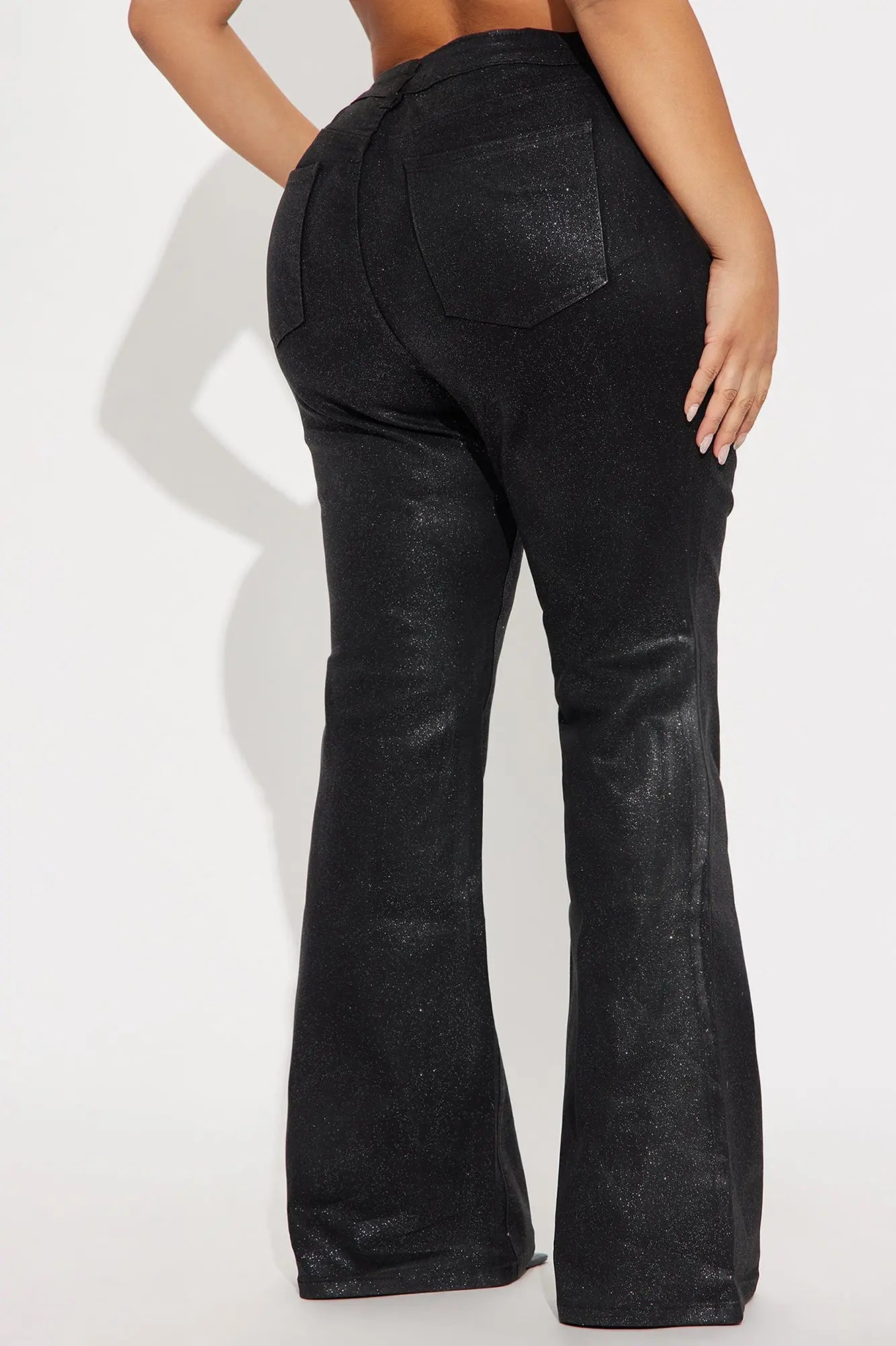 Past Midnight Glitter Foil Flare Jeans - Black