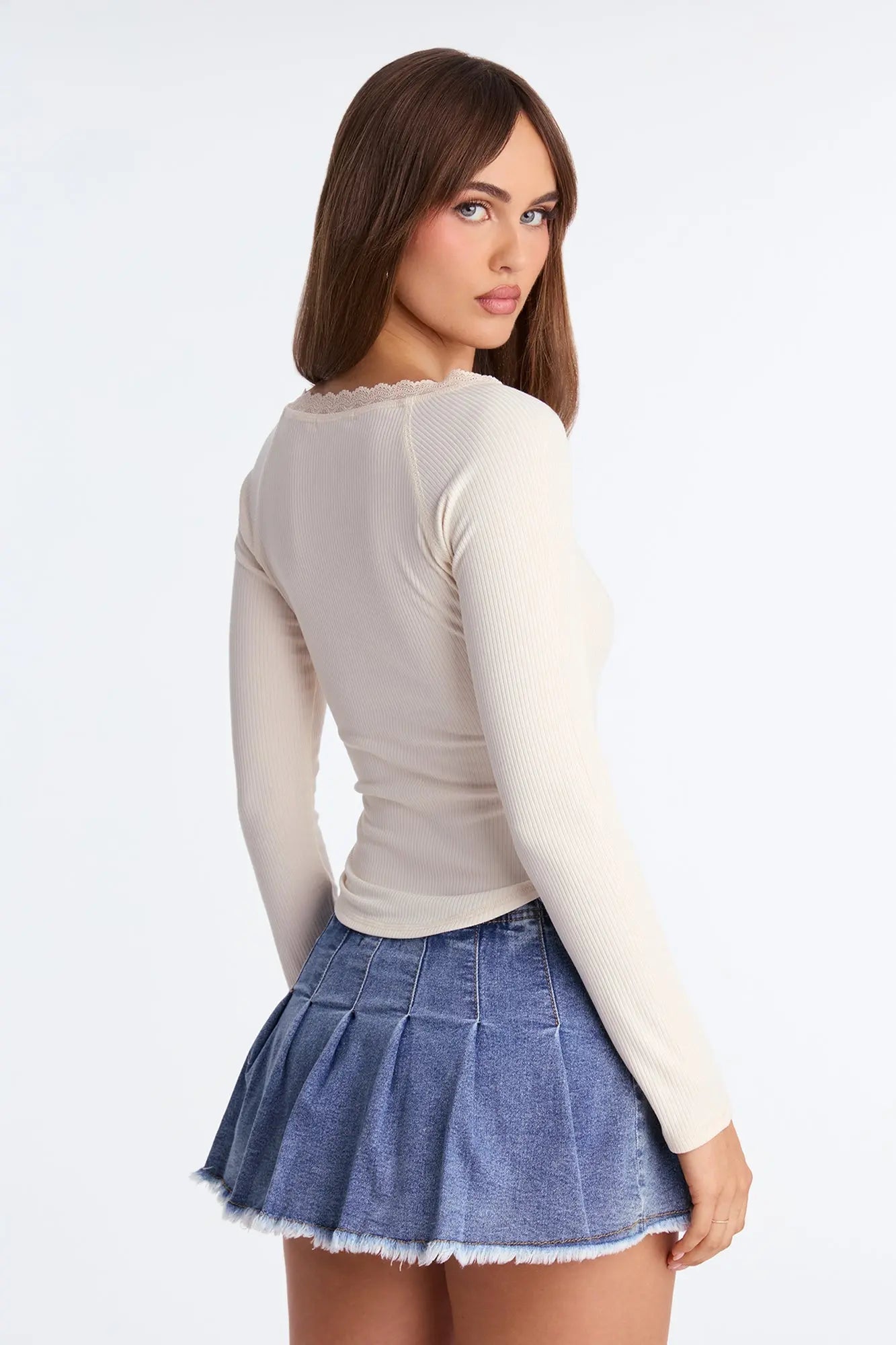 Selena Lace Trim Long Sleeve Top - Cream