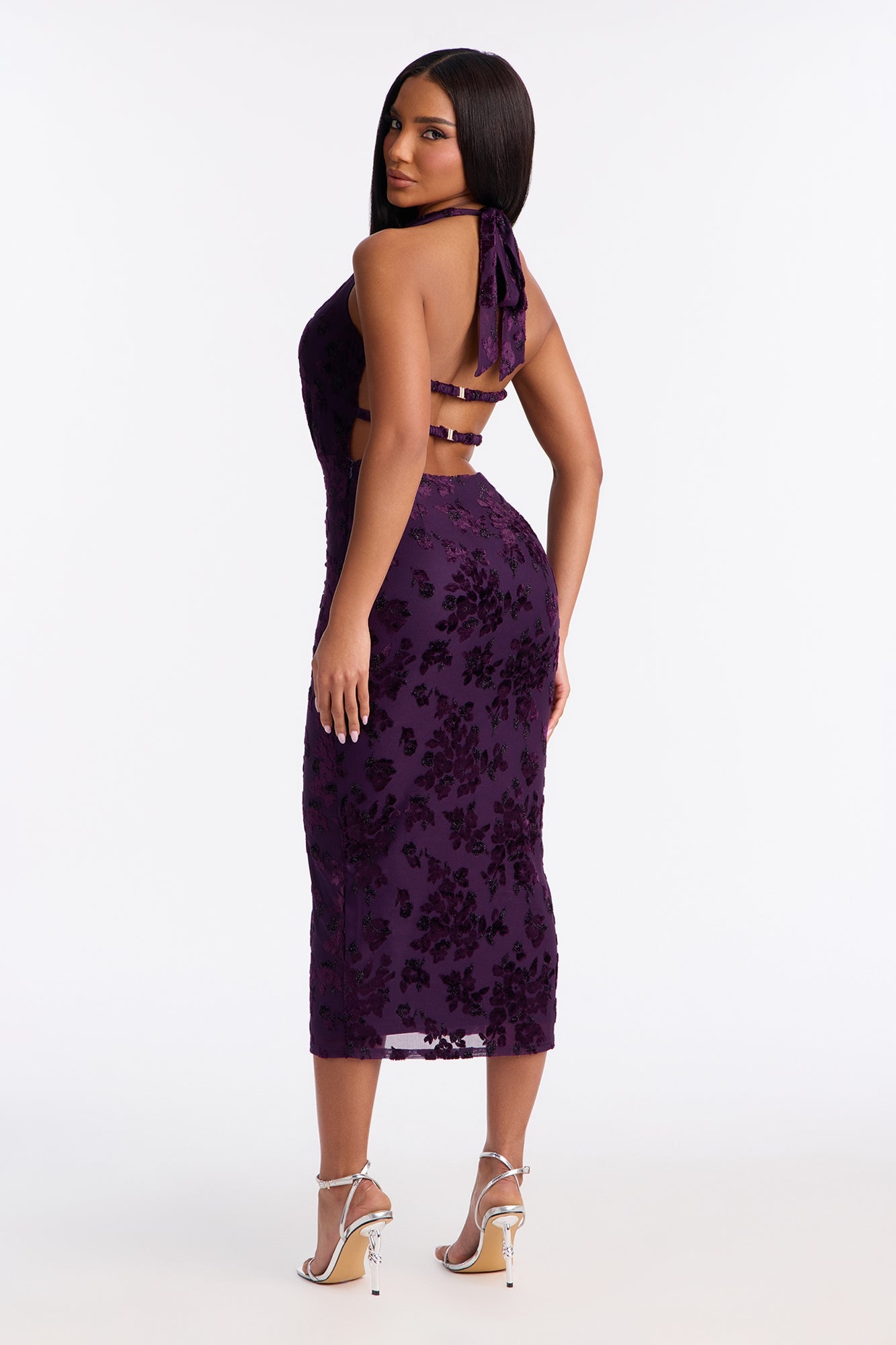 Kiana Open Back Mesh Flocked Mid Dress - Plum