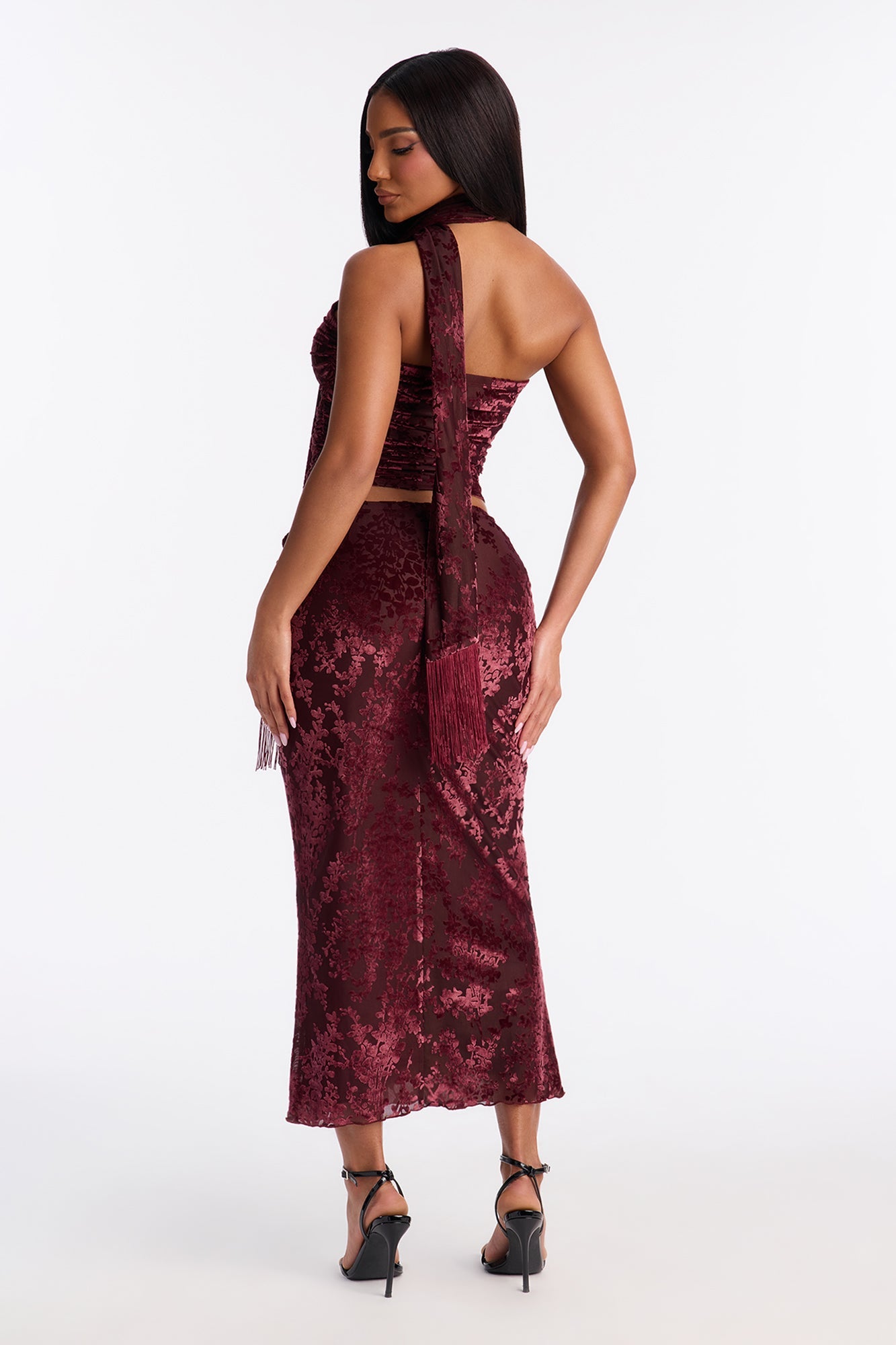 Vera 3 Piece Velvet Burnout Mesh Skirt Set - Burgundy
