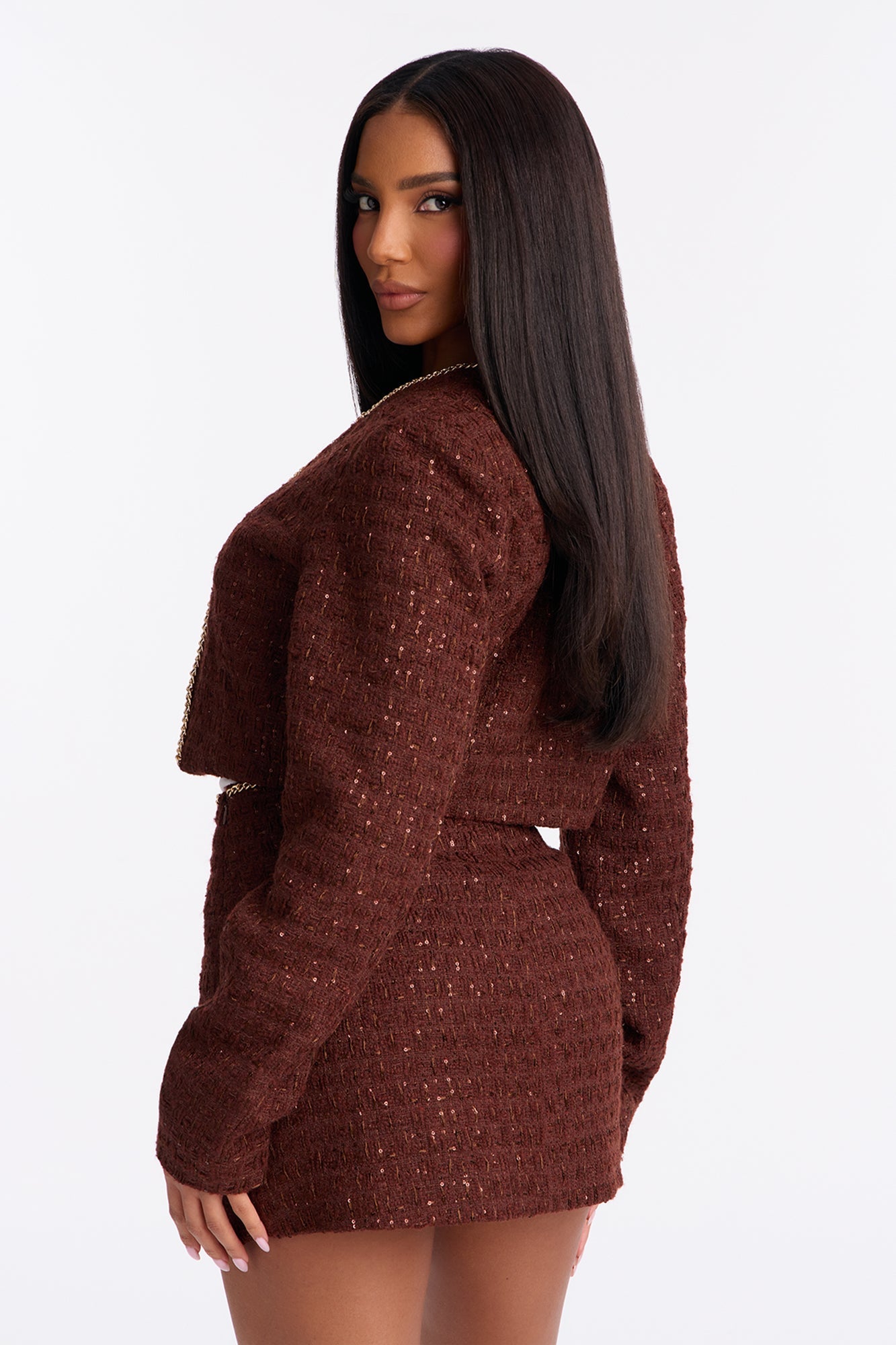 Golden Era Embellished Tweed Blazer Skirt Set - Brown