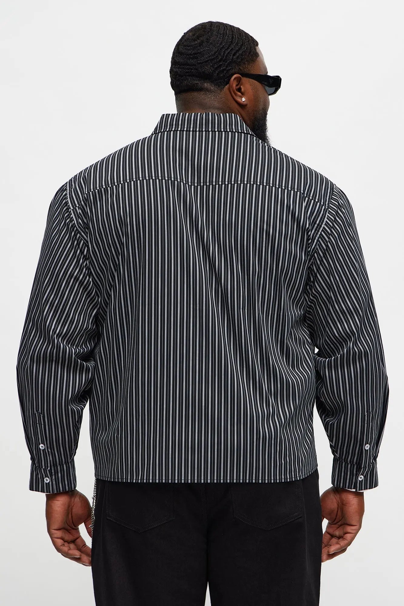 Cropped Pin Stripe Saint Button Up Shirt - Black