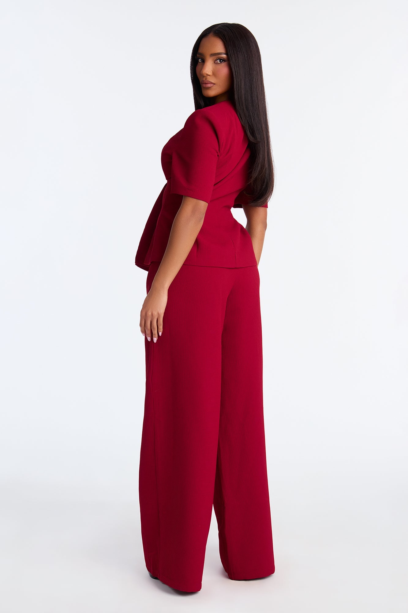 Power And Poise Peplum Wide Leg Pant Set - Burgundy