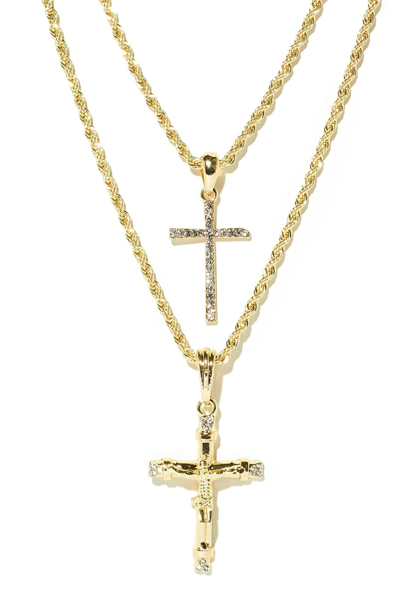 Classic Holy Cross Pendant 2 Piece Chain Necklace - Gold