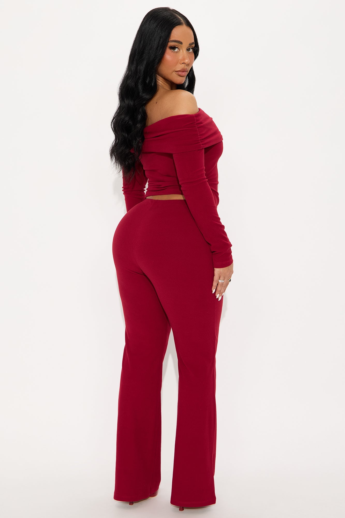 Nora Ribbed Off Shoulder Pant Set - Red