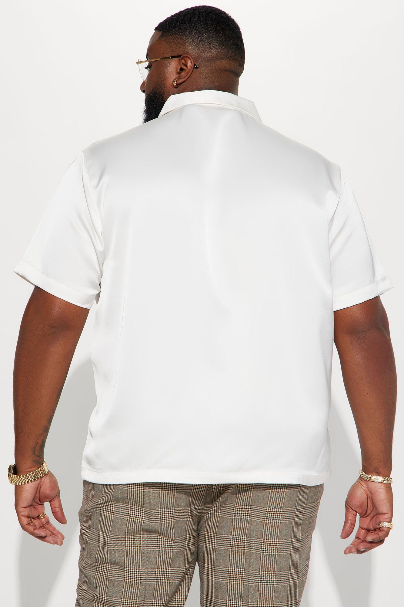 Links Satin Short Sleeve Button Up Shirt - Off White