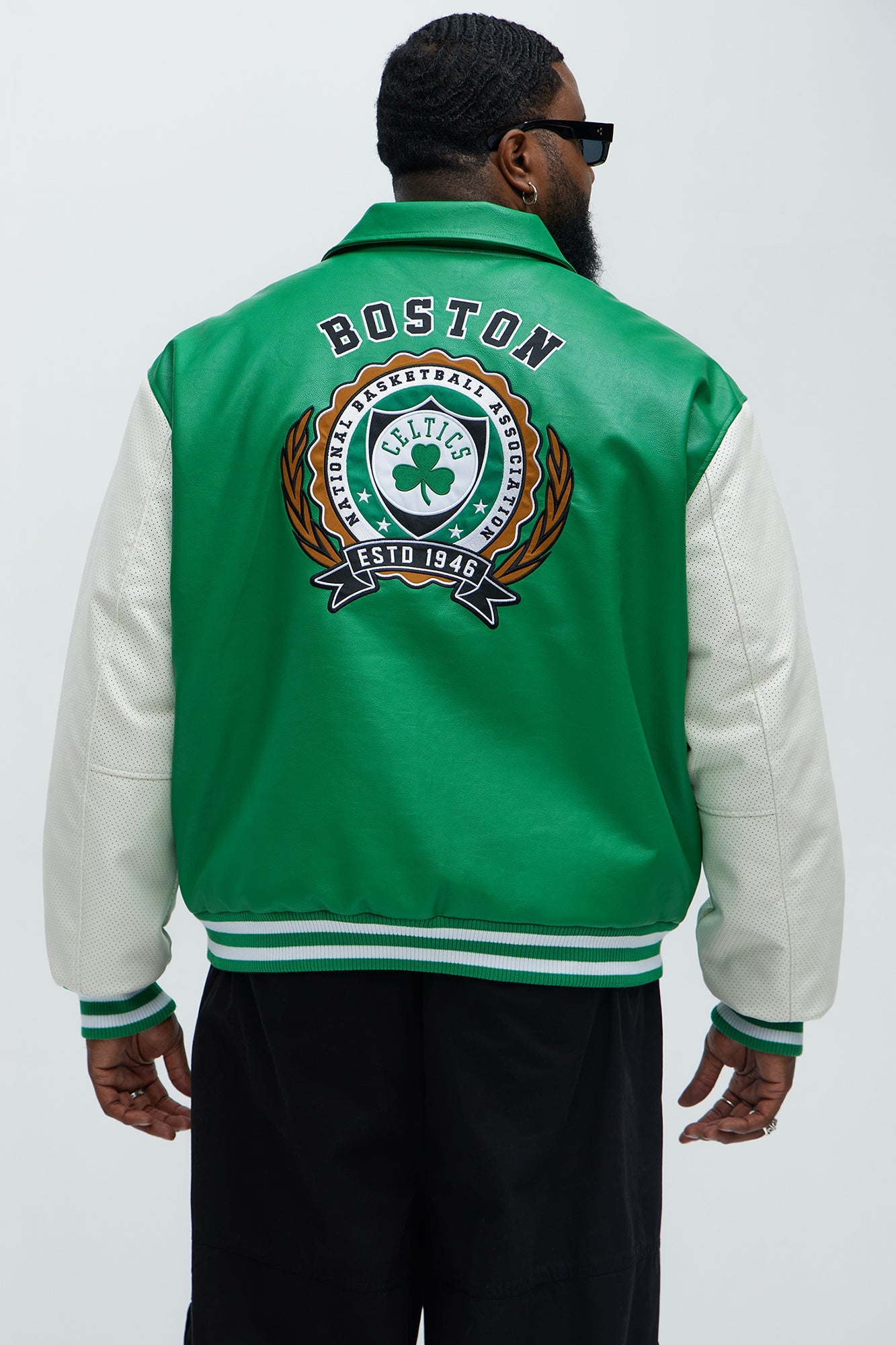 Celtics Top Dawg Faux Leather Collared Varsity Jacket - Kelly Green