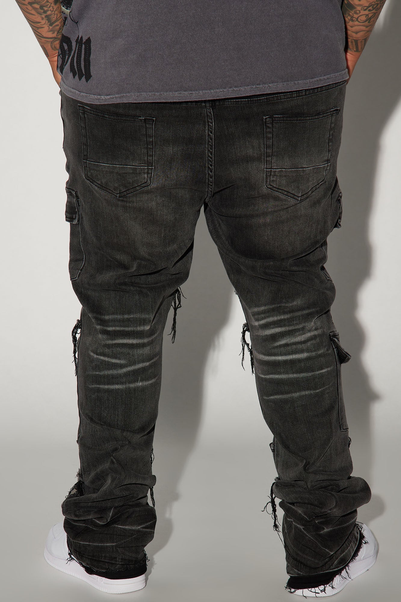 Side Snap Cargo Stacked Skinny Flare Jeans - Black Wash
